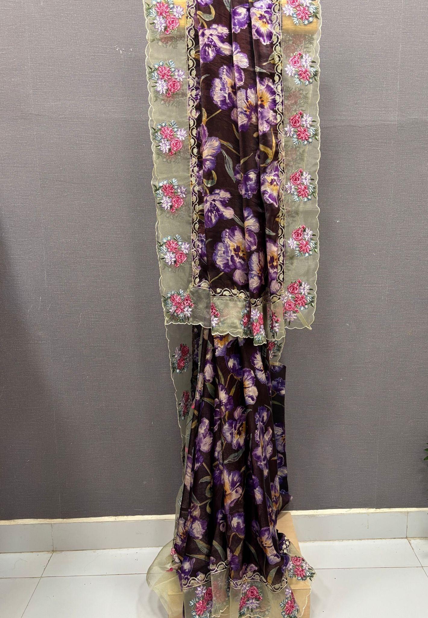 Designer Saree-Brown with Floral Hand Paint
