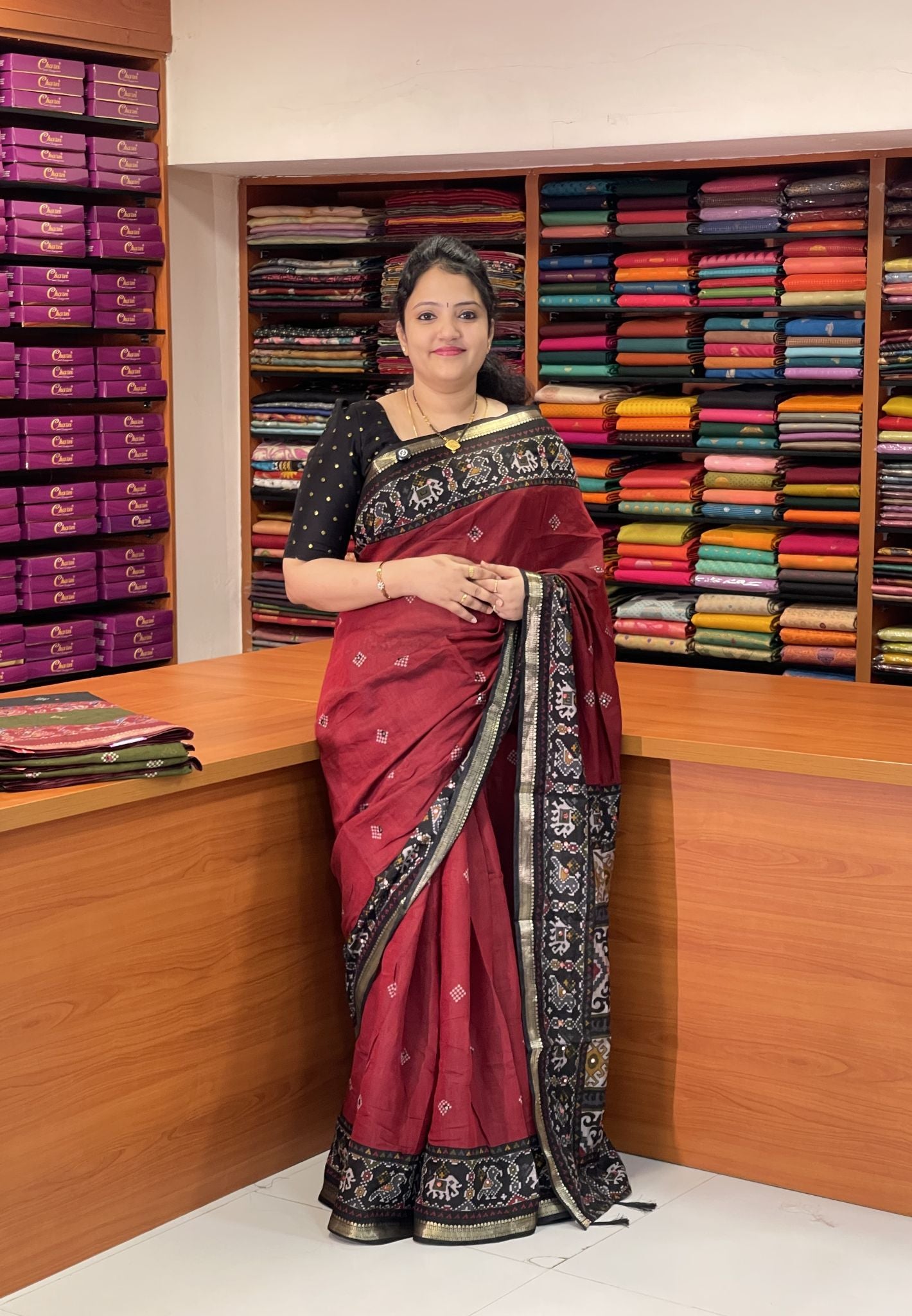 Malai Cotton Saree-Maroon with Contrast Pattola Border and Mirror Work