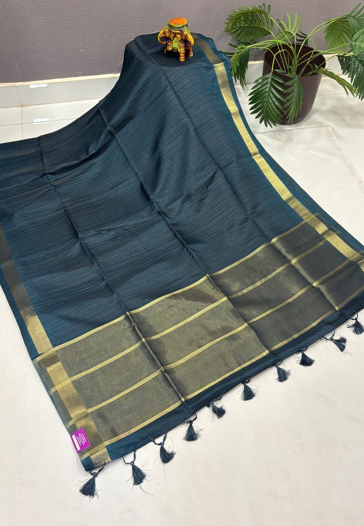Matka Tussar Saree-Elegant Handwoven Saree with Peacock Green in Fine Zari Stripes