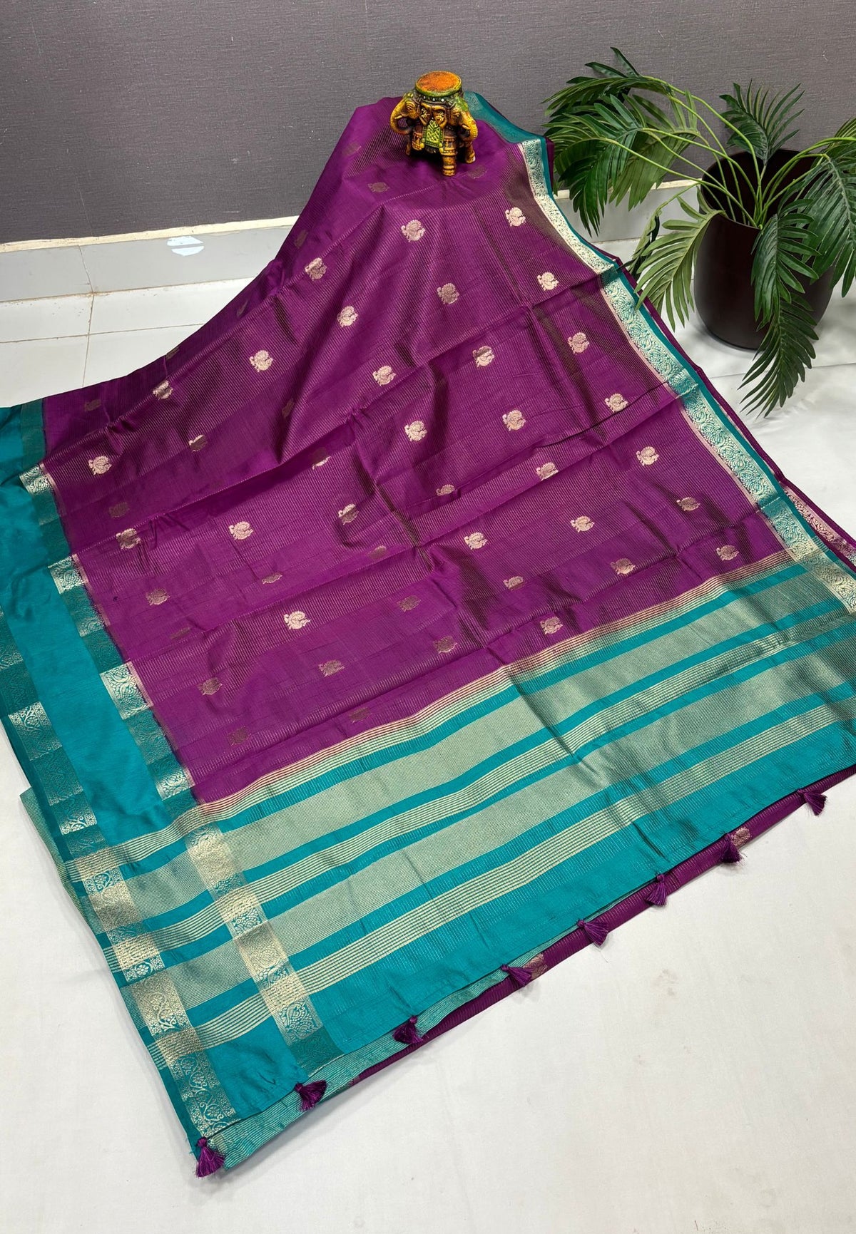 Semi Tussar Saree-Purple in Traditional Floral Zari Stripe with Contrast Border