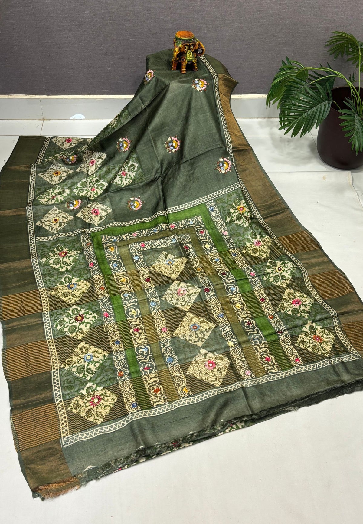 Pure Tussar Saree-Metalic Green with Mirror Work