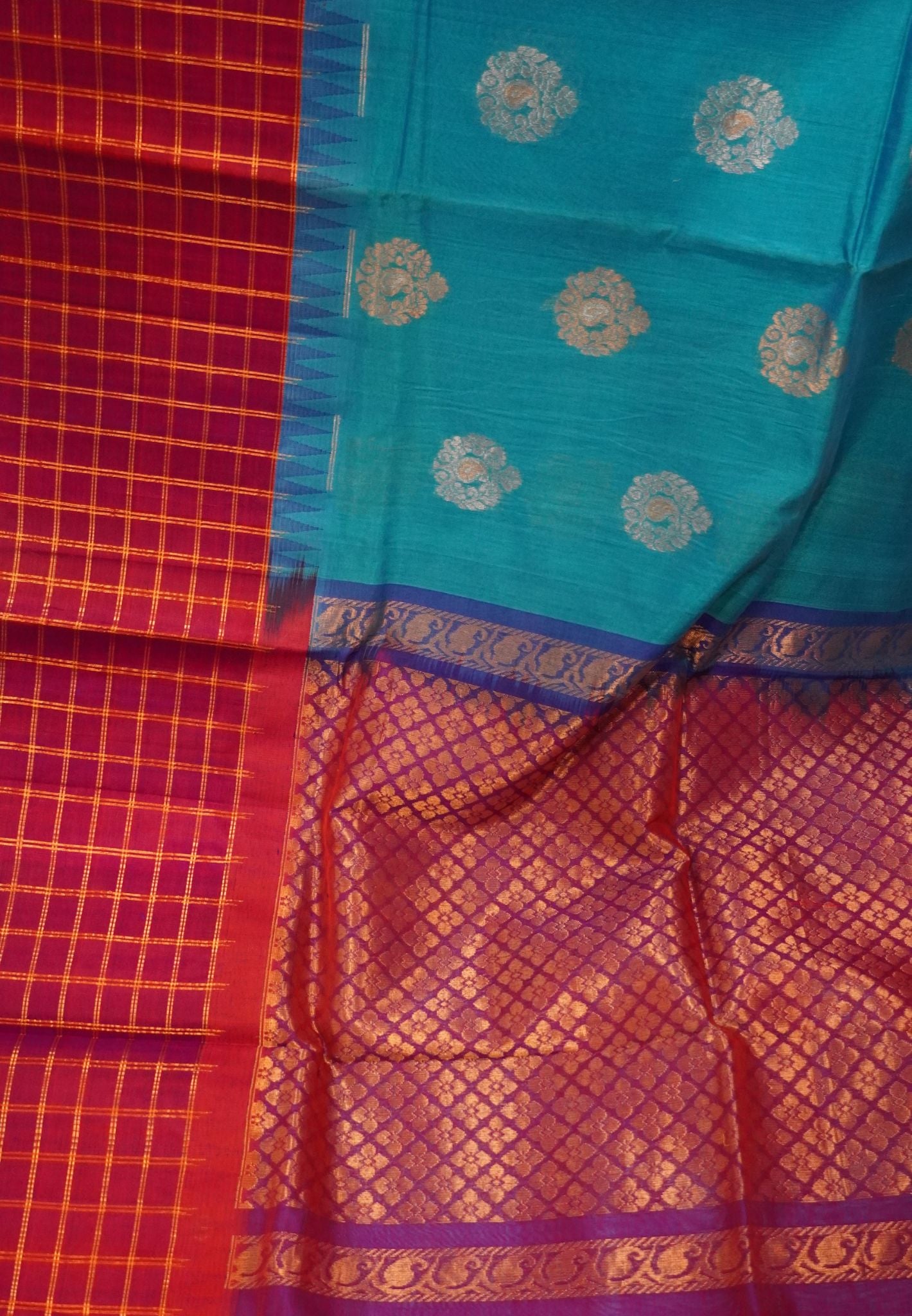 Silk Cotton Saree-Ramar Blue with pink Checkered Border