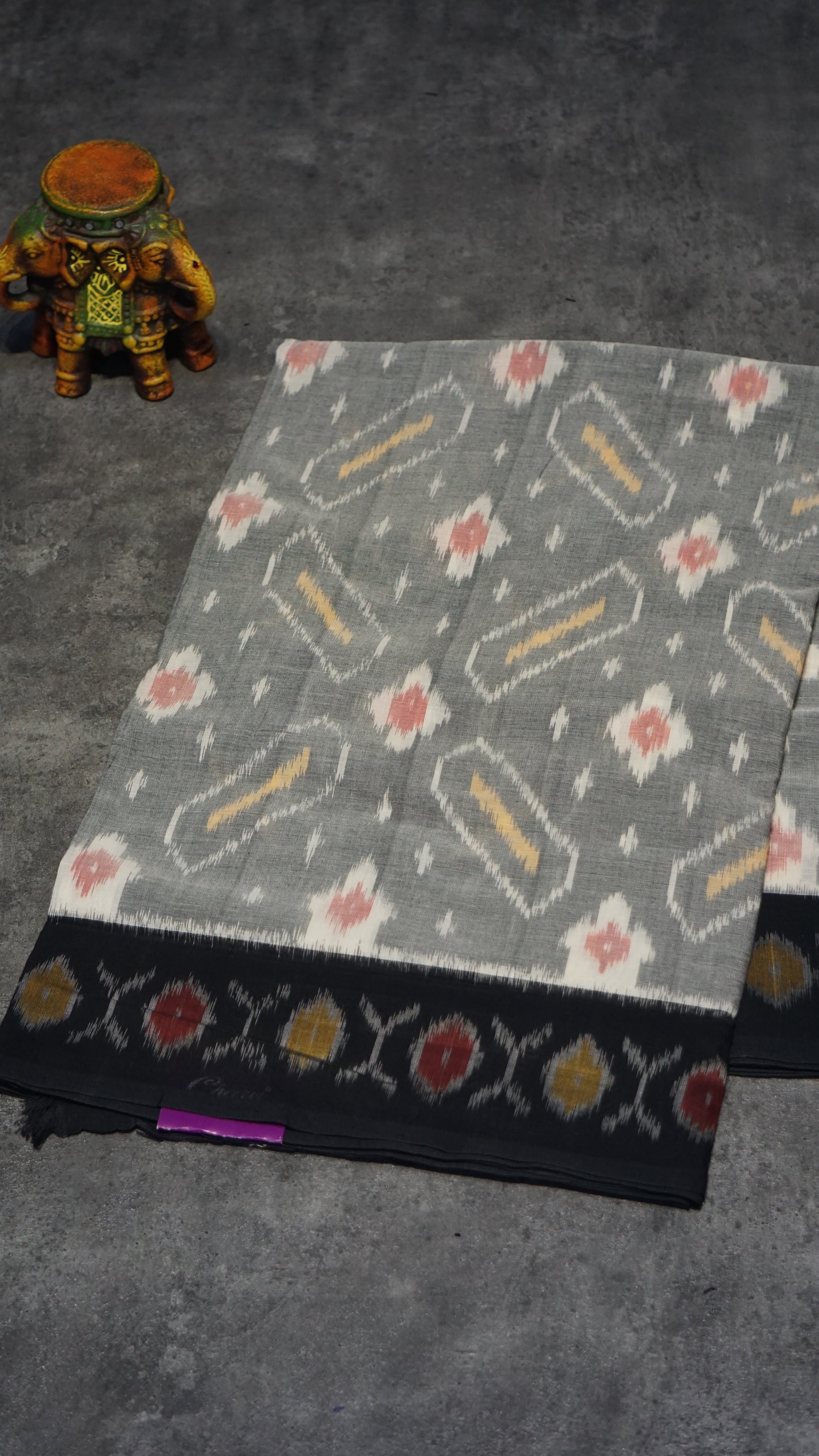 Pochampally Cotton double Ikkat Saree Grey - White