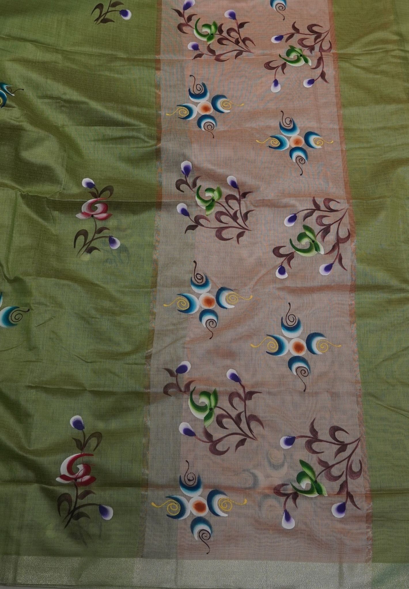 Cora Linen Saree-Green with Hand Painted Floral Motifs