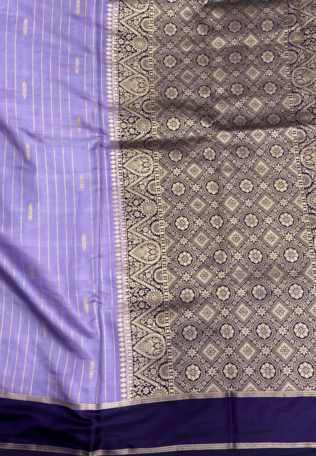 Gaji Silk Saree-Lavender in Intricate Geometric Floral Zari with Contrast Border