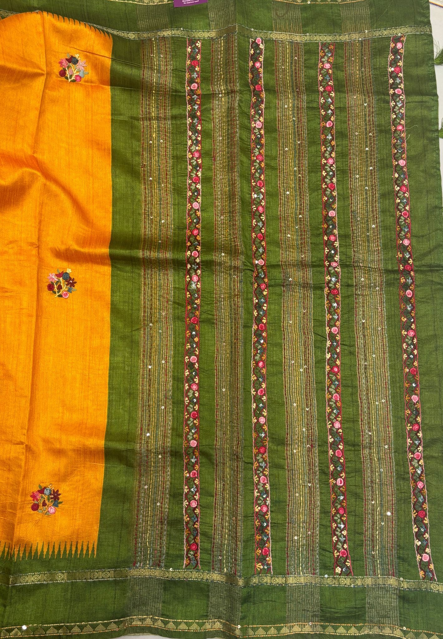 Jute Tussar Saree-Mango Yellow with Embriodery Floral Motif