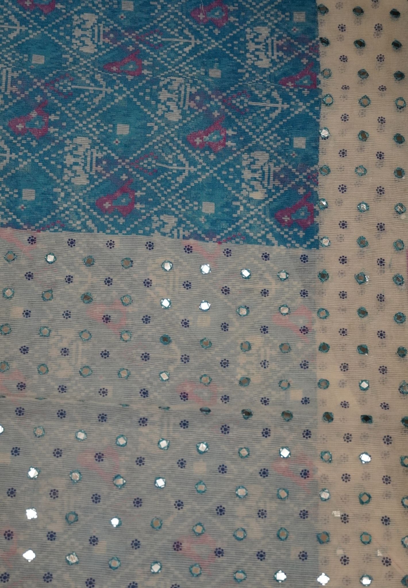 Supernet Kota Cotton Saree-Sky blue with Mirror Work