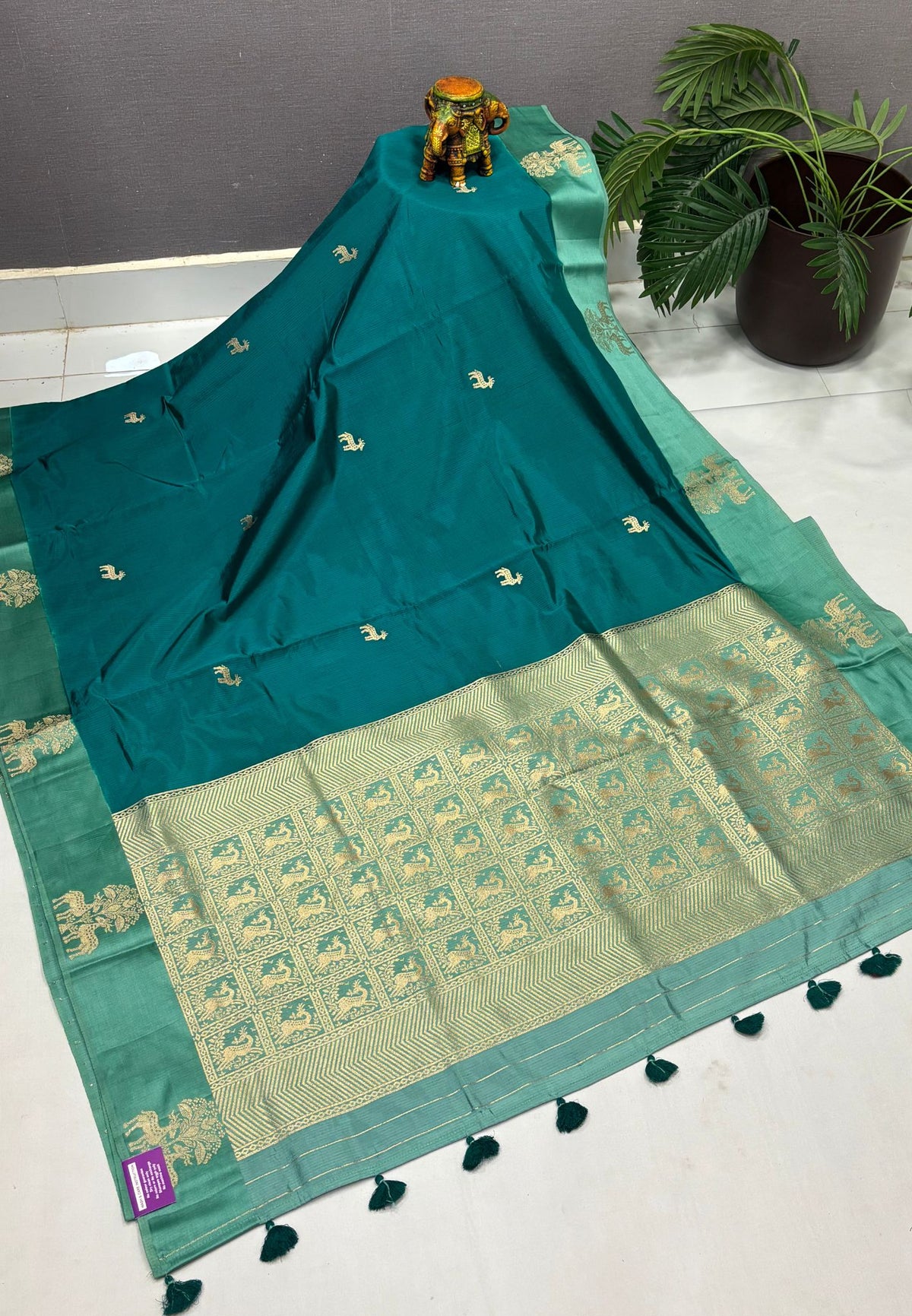 Mulberry Silk Saree-Tone of Teal with Deer Border