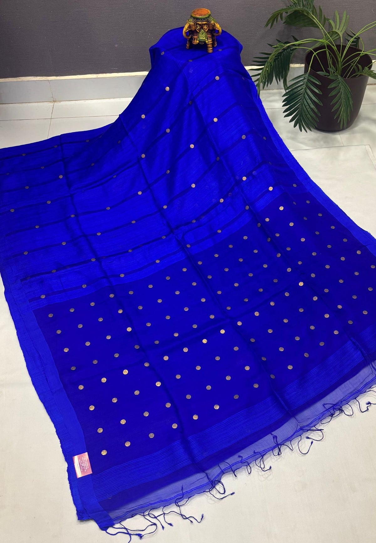 Pure Moonga Cotton Saree-Ms Blue in Coin Butta with Striped Border
