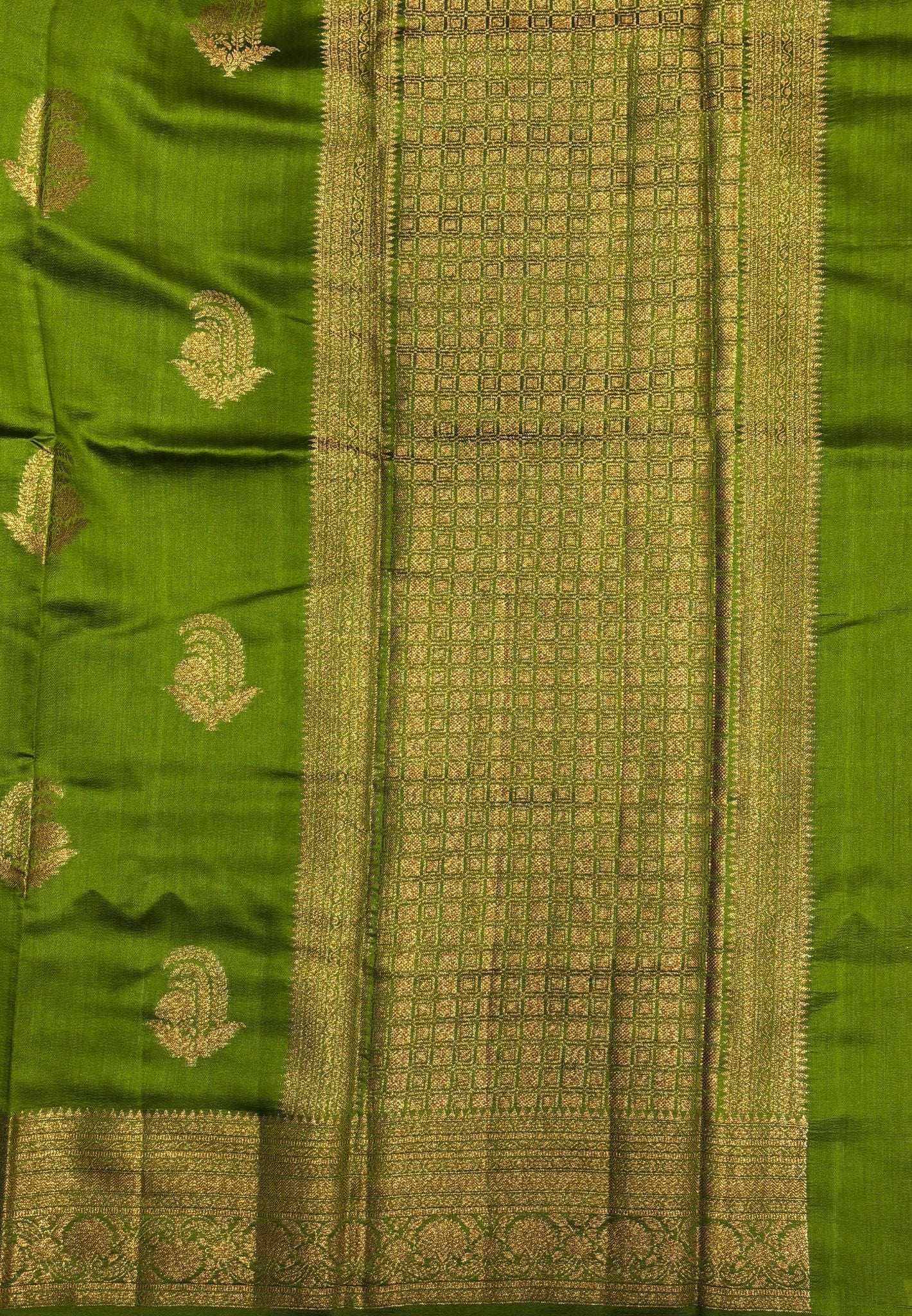 Pure Chinya Silk Saree-Olive Green In Antique Jaali Brocade Border