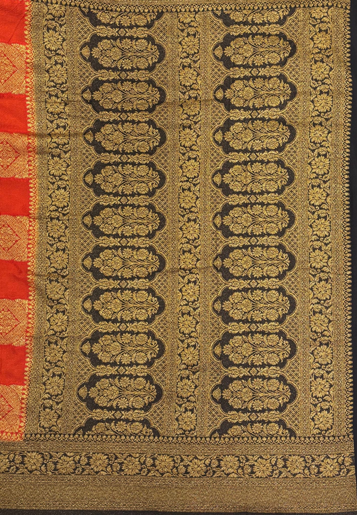 Banarasi Crepe Saree-Rust Orange In Square Check Brocade With Contrast Border