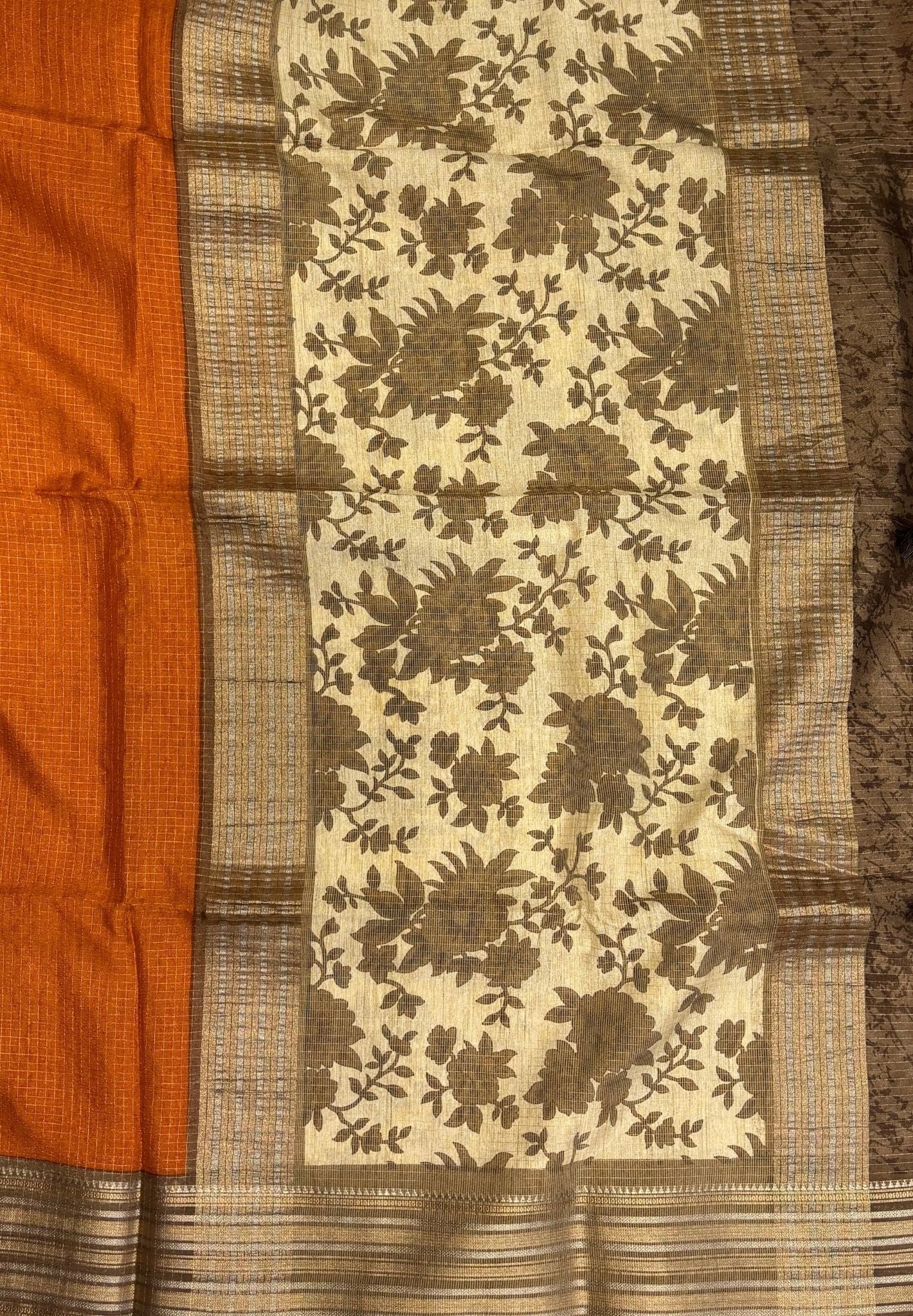 Muslin Tussar Saree-Orange In Floral Vine Border