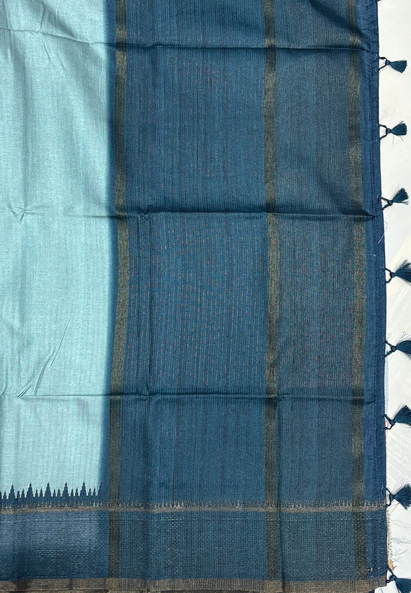 Semi Tussar Saree-Metalic Blue with Antique Zari Border