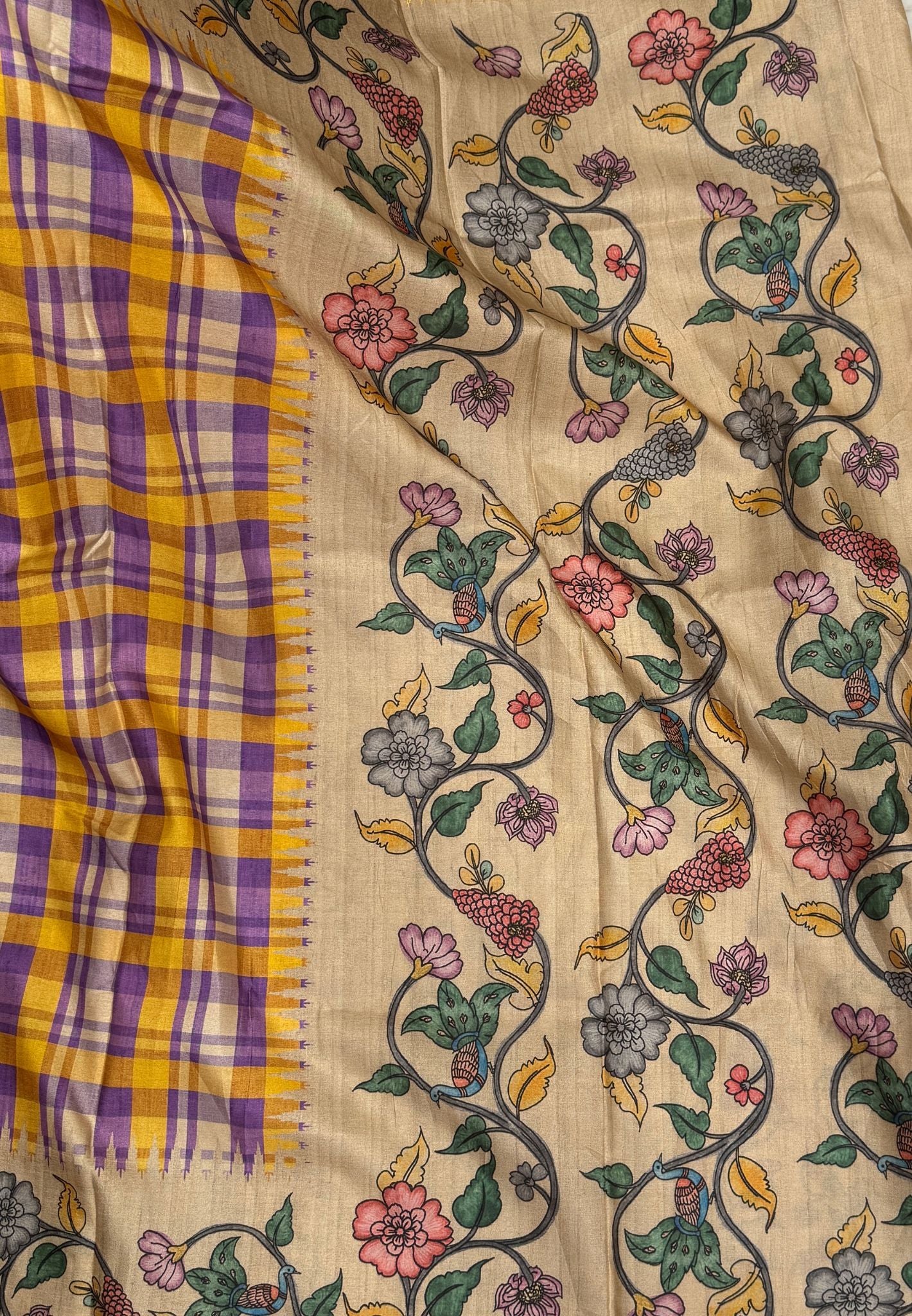 Semi Tussar Saree - Purple Madras Checks With Floral Designs