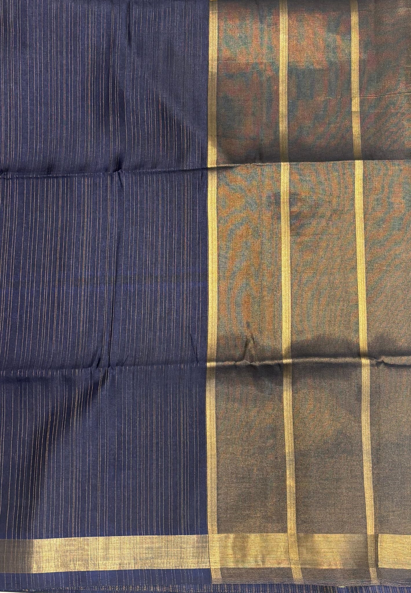 Matka Tussar Saree-Elegant Handwoven Saree with Navy Blue in Fine Zari Stripes