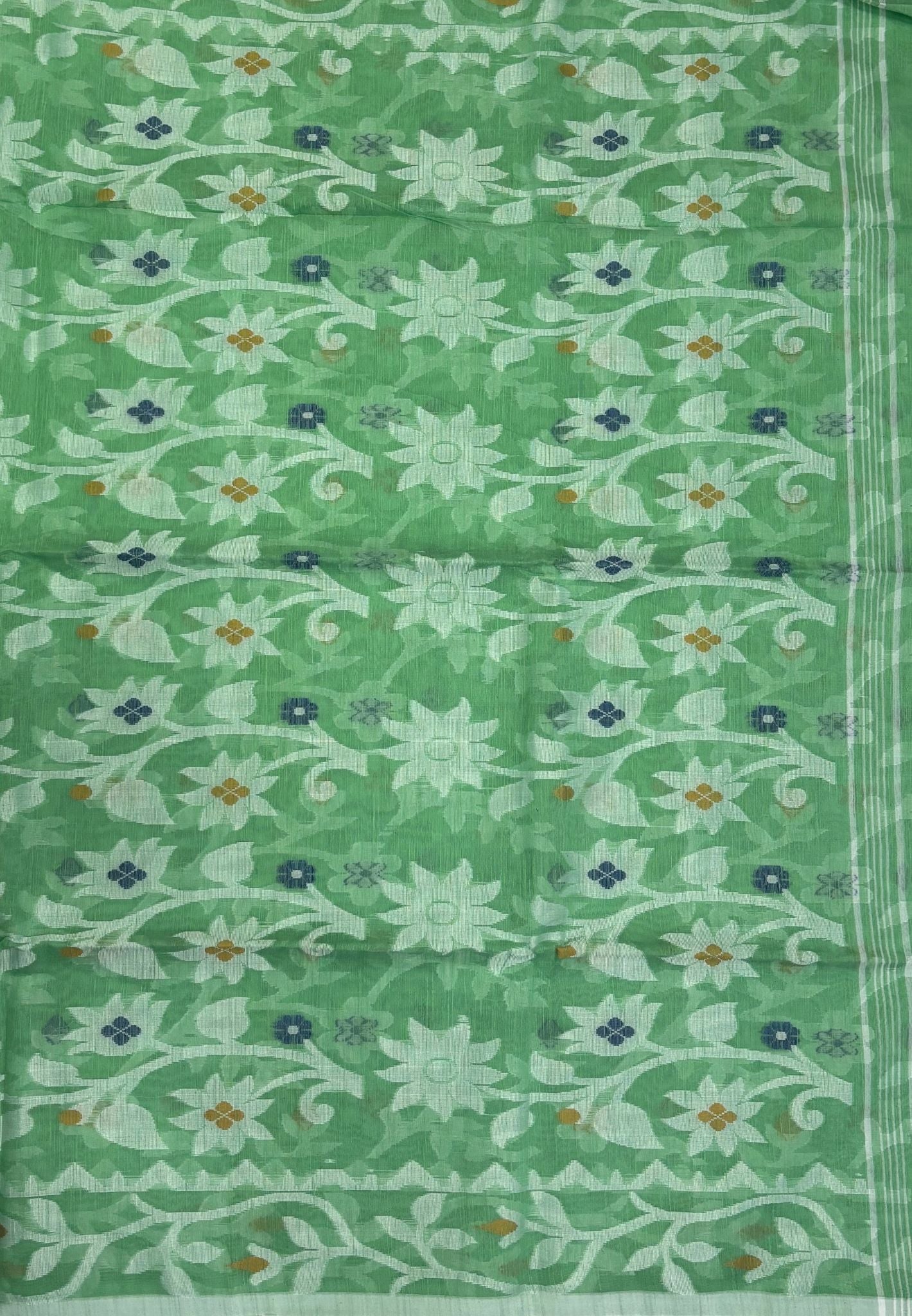 Dhakai Jamdhani Cotton Saree-Teal Green In Floral Vine Zari Border