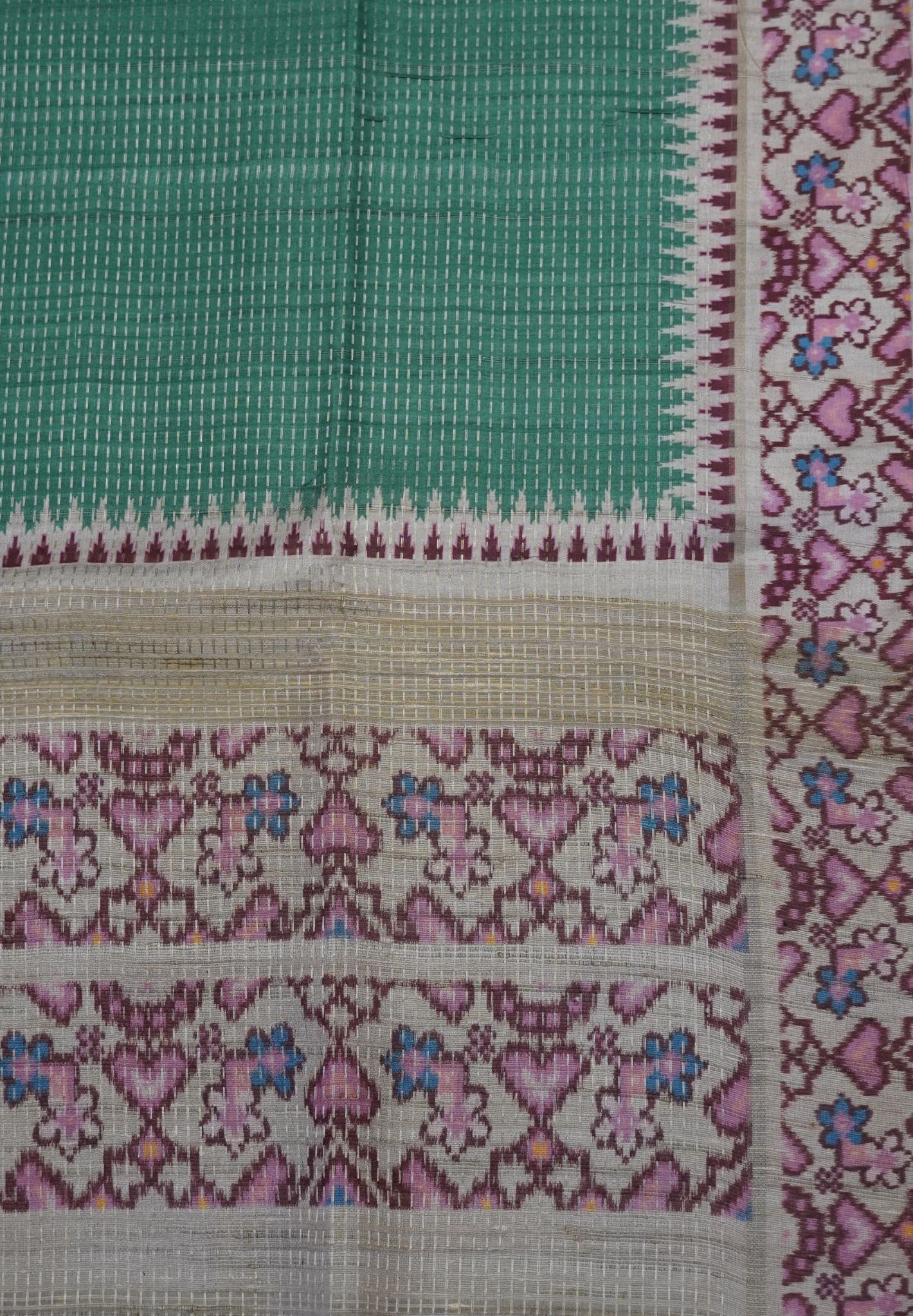 Semi Tussar Saree -Green with Ikkat Border
