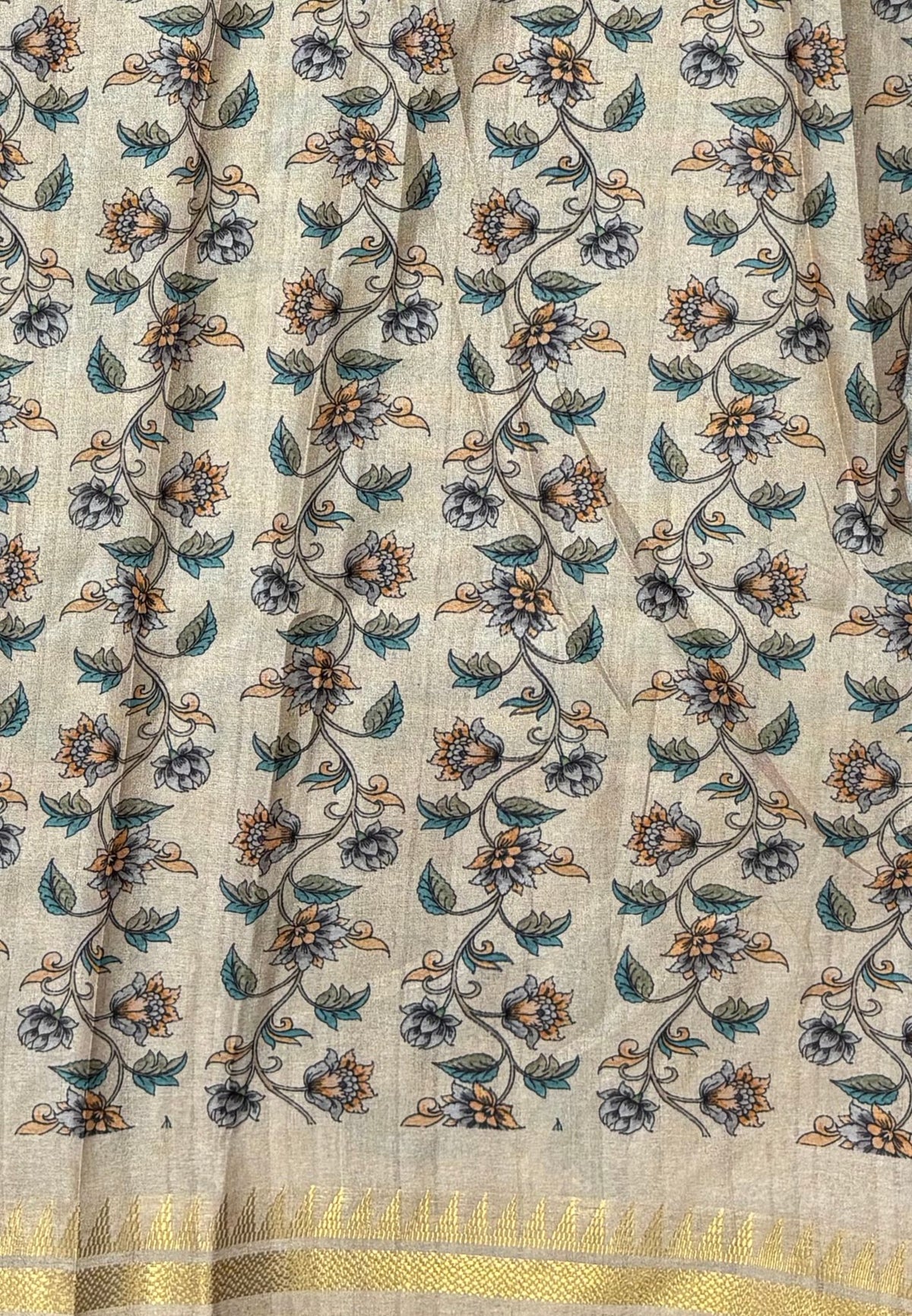 Semi Tussar Saree-Blue. in Mini Checks Floral Border