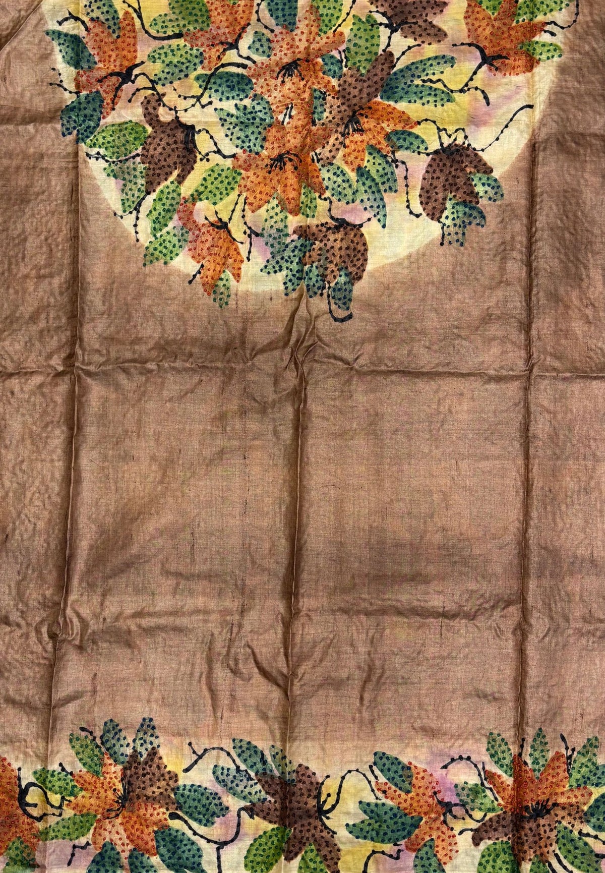 Pure Tussar Saree-Brown In Stripe French Knot Border