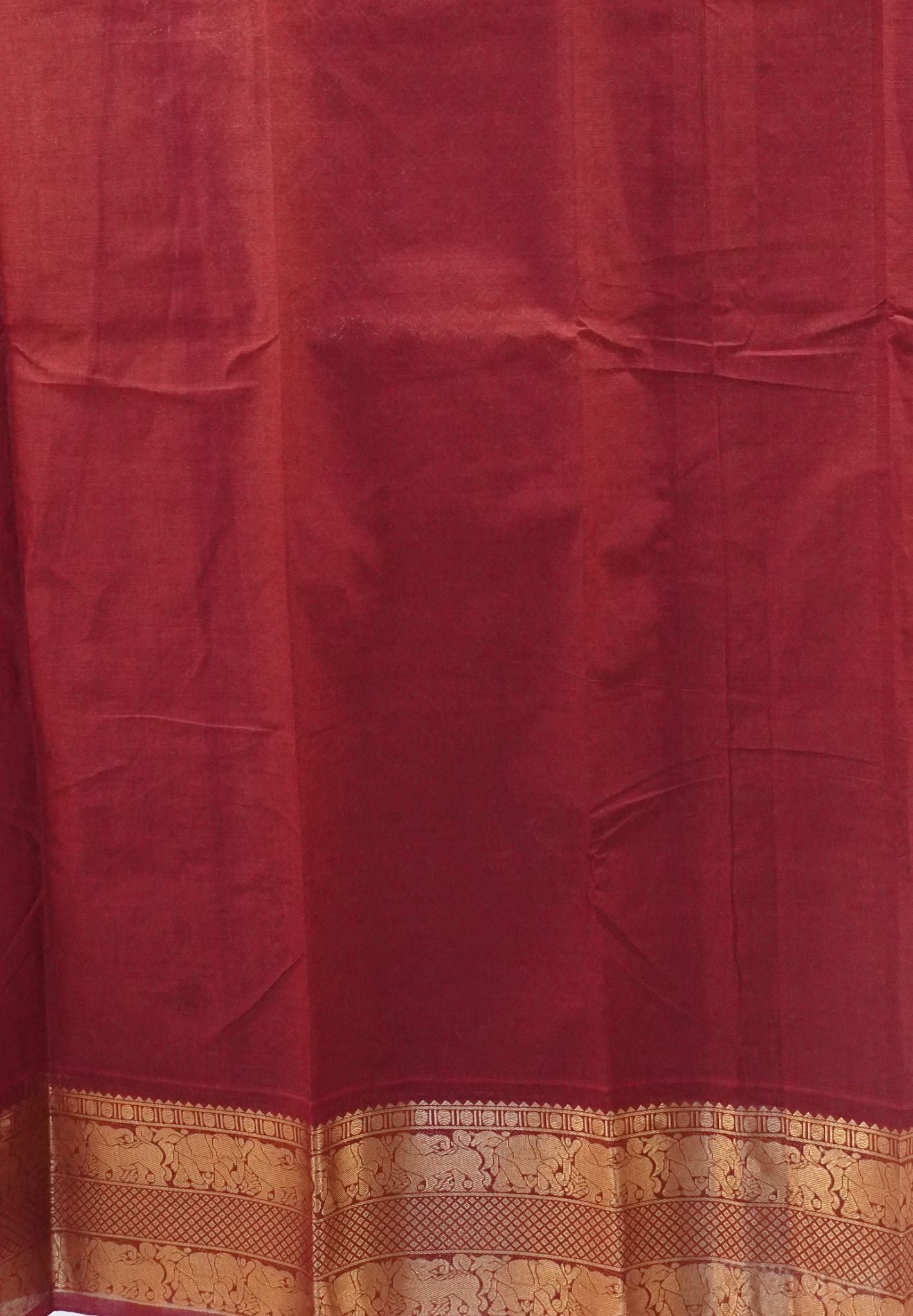 Chettinad Cotton Saree-Maroon With Elephant & Geometric Zari Border