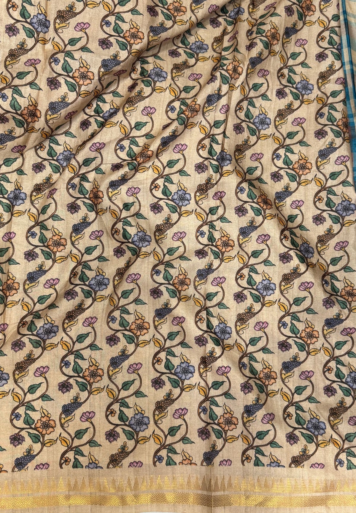 Semi Tussar Saree - Purple Madras Checks With Floral Designs