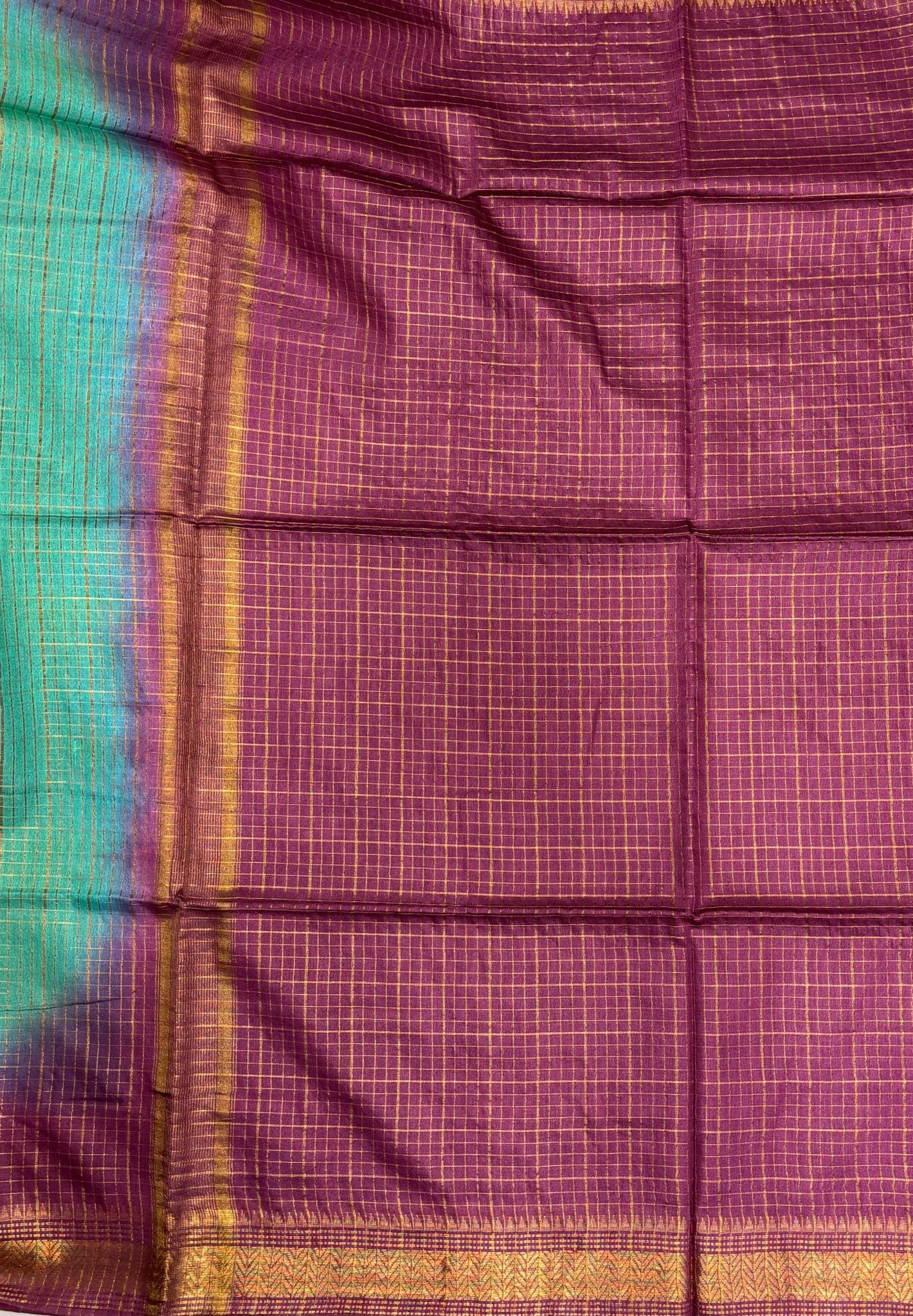 Semi Bhagalpur Tussar Saree-Teal Green in Zari checks with Contrast Border