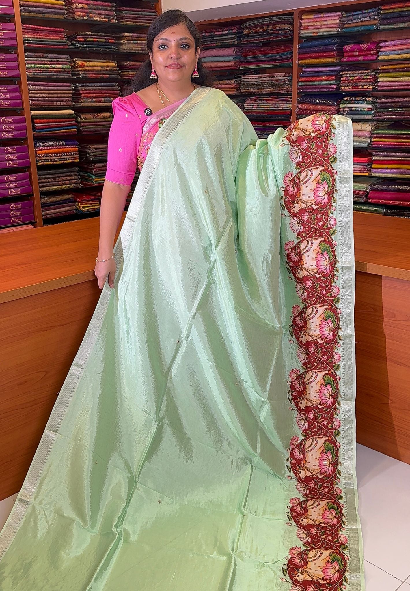 Pure Mangalgiri Silk Saree-Pista Green with Appliqué Work
