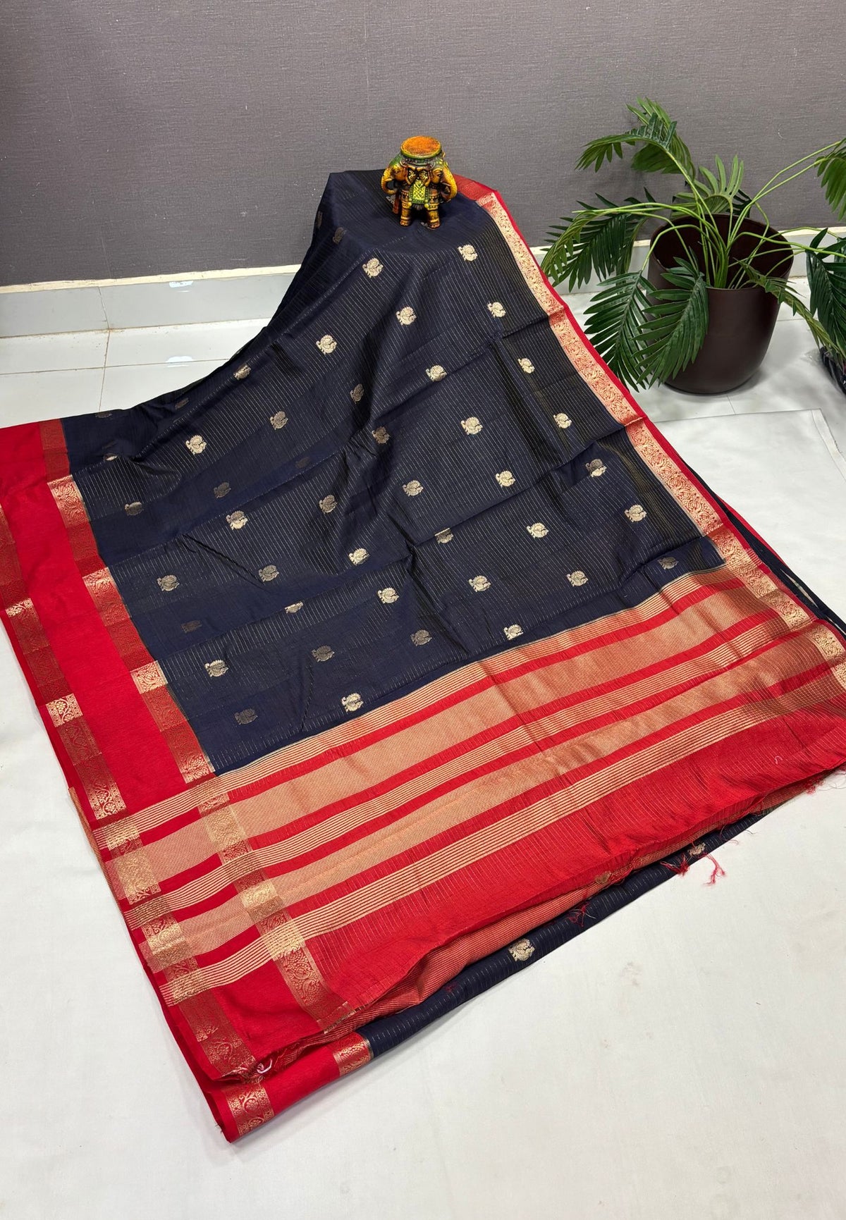 Semi Tussar Saree-Navy in Traditional Floral Zari Stripe with Contrast Border