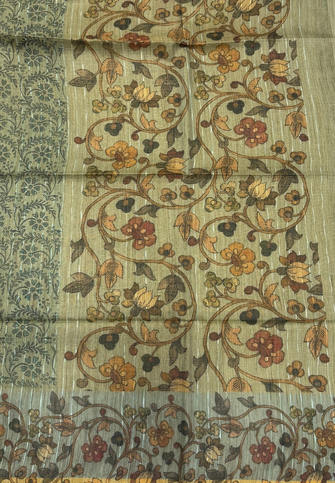 Tissue Saree-Sea Blue In Floral Vine Kalamkari Border