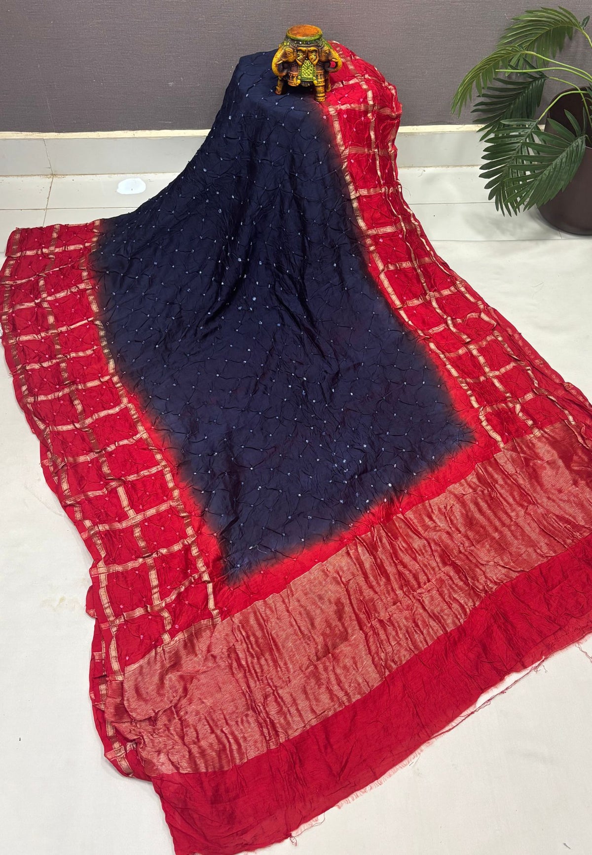 Banarasi Bandeji Saree-Navy Blue in Zari Checks with Contrast Border