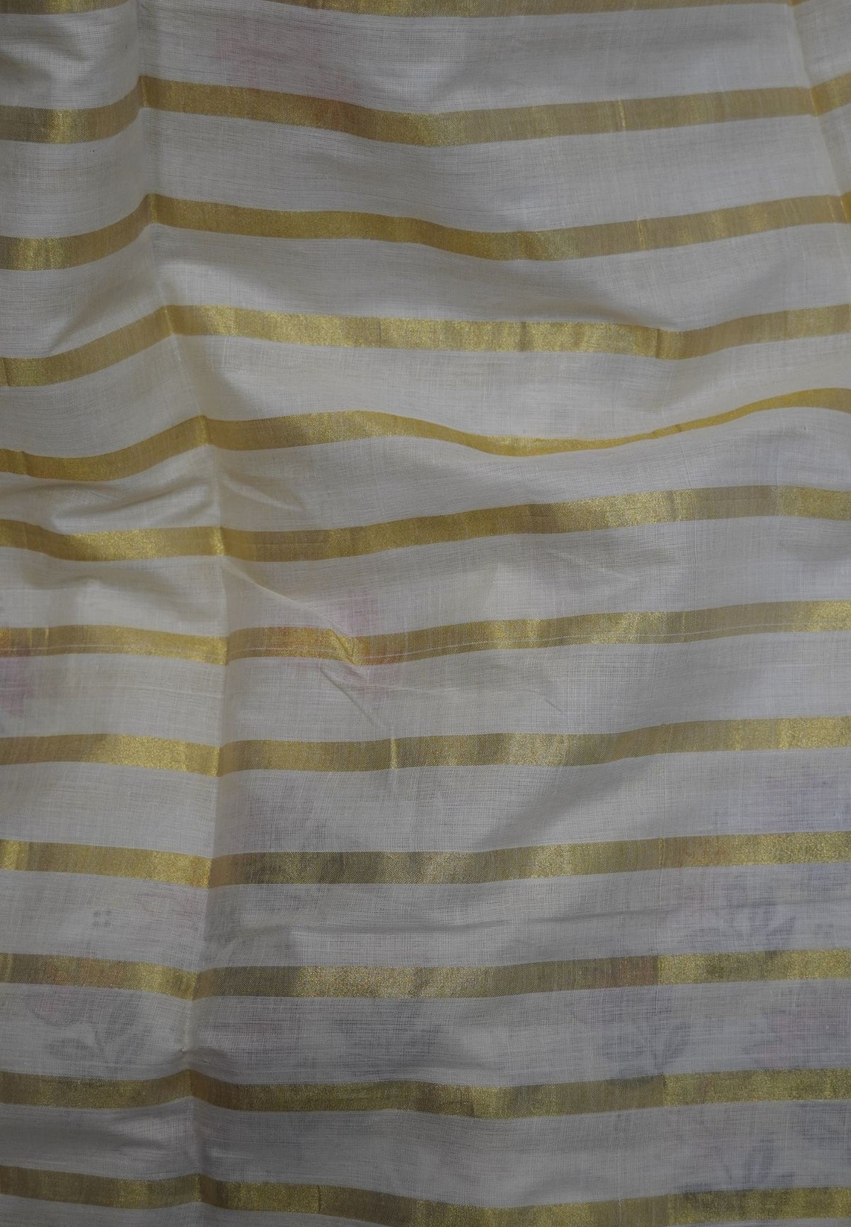 Cotton Saree – Off White with Golden Zari Stripes and Floral Print