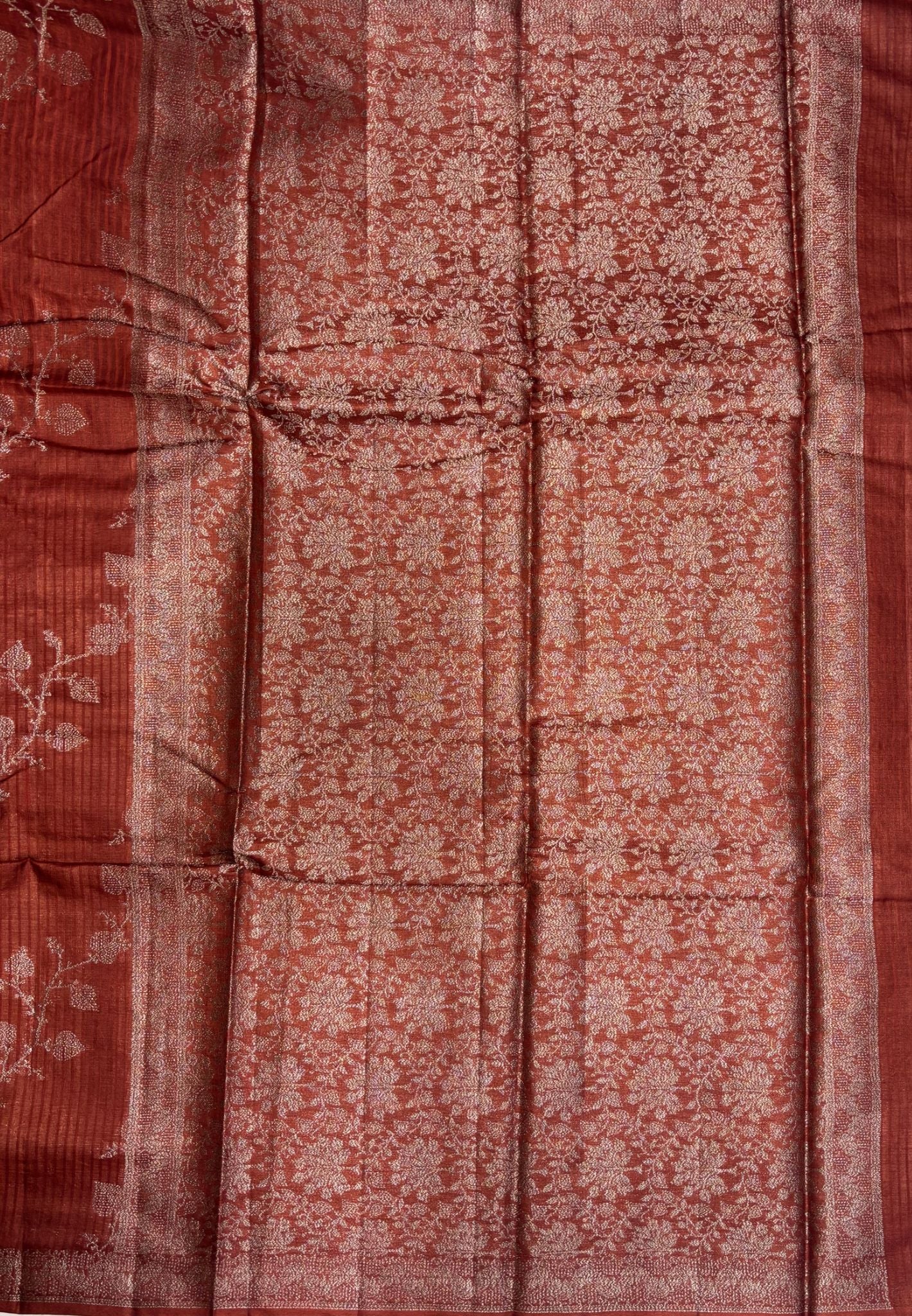 Pure Tussar Saree-Rust Orange in Floral Vine Brocade Border