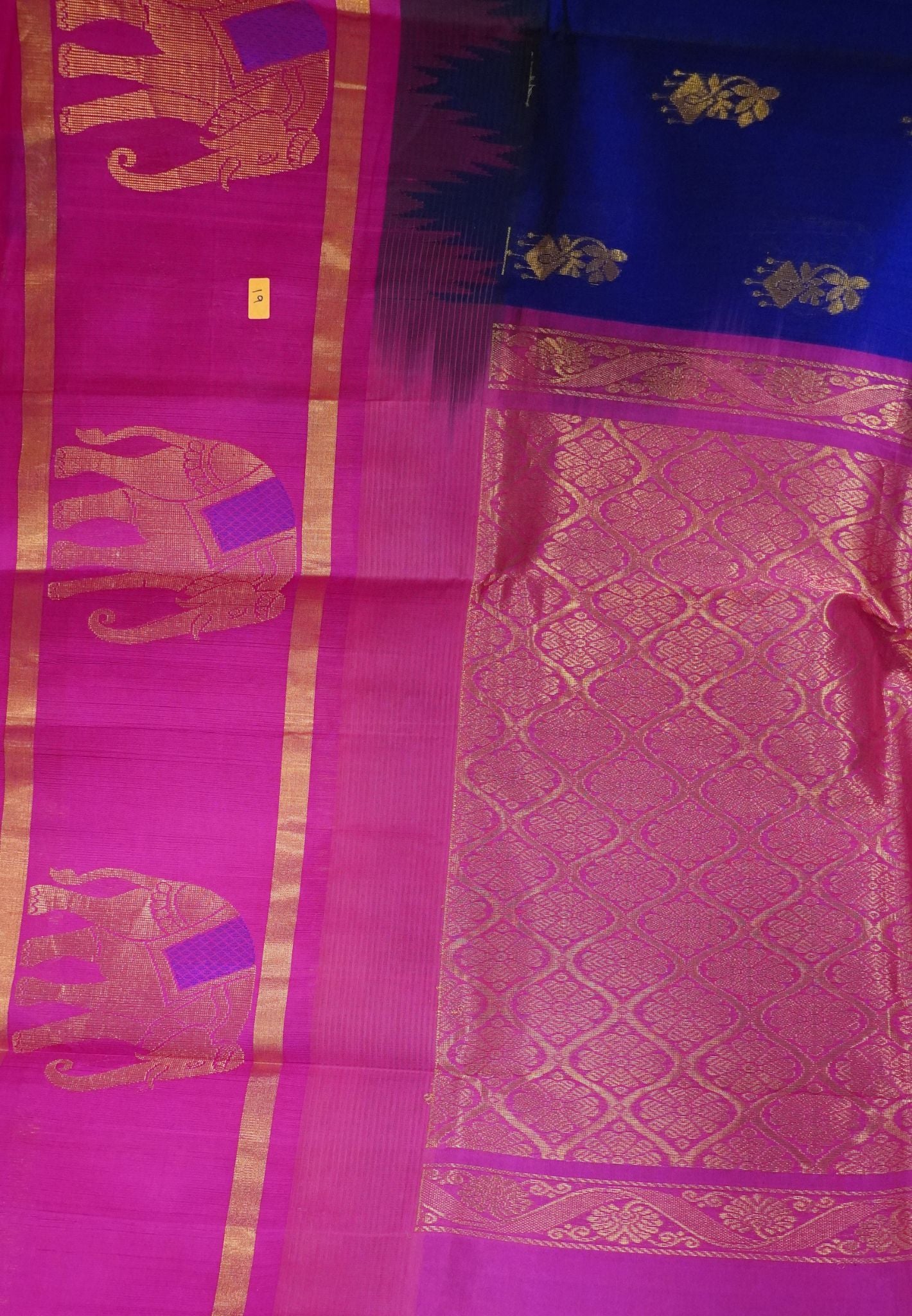 Silk Cotton Saree-Navy Blue-Pink Elephant Zari Border
