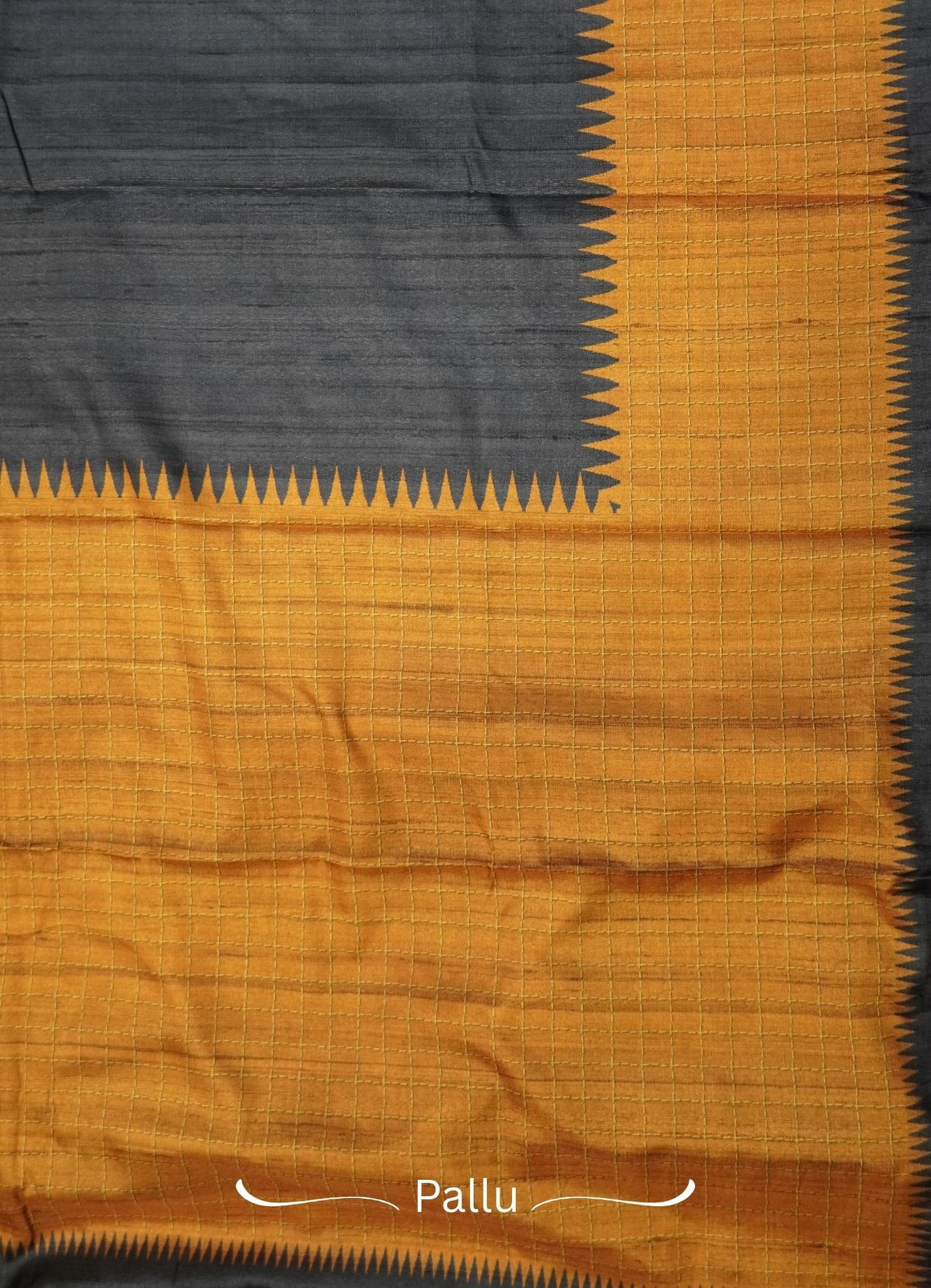 Semi Tussar Saree – Mustard & Gray Checks Design