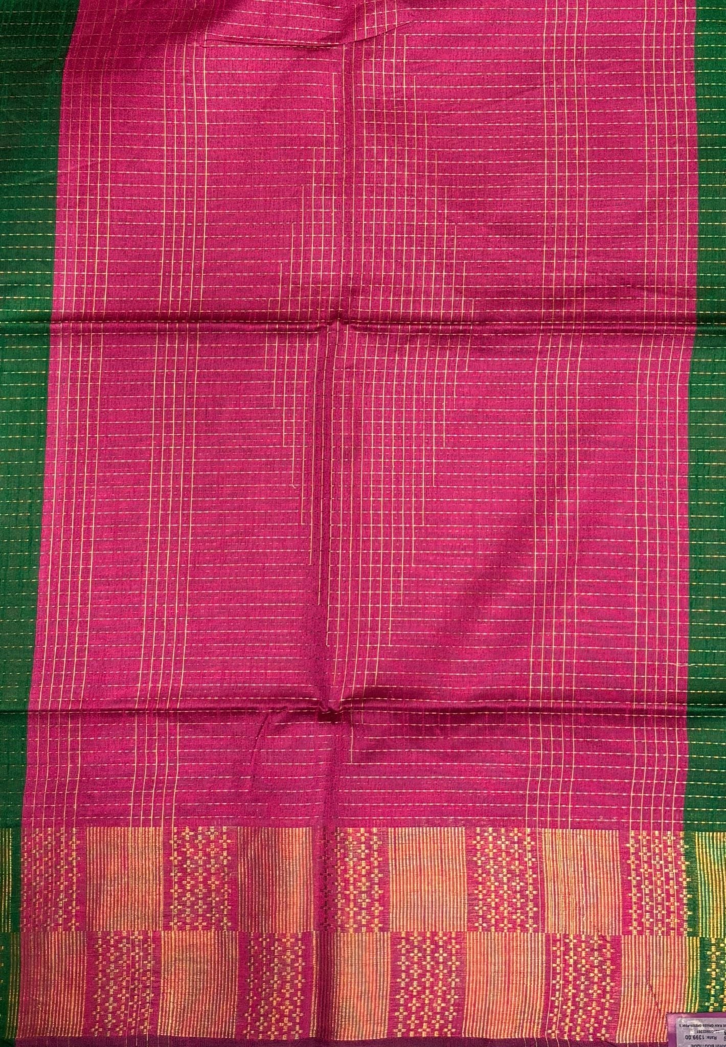 Semi Raw Silk Saree-Grass Green In Checkered Zari With Contrast Border
