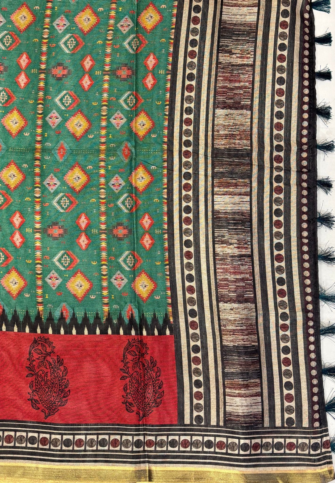 Kota Saree-Green With Geometric Dot & Stripe Border