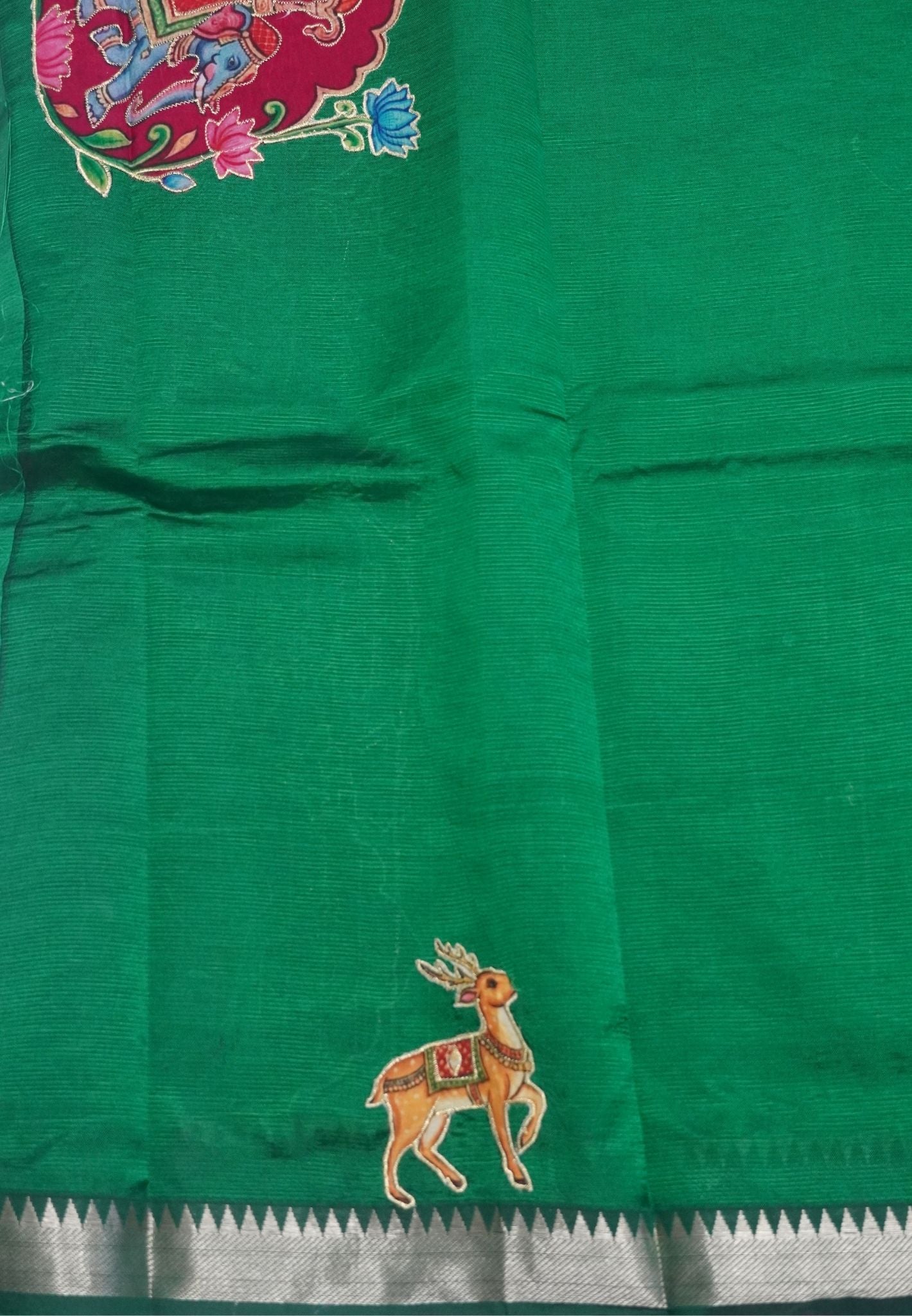 Pure Mangalgiri Silk Saree-Grass Green in Tanjore Print with Aplique Work
