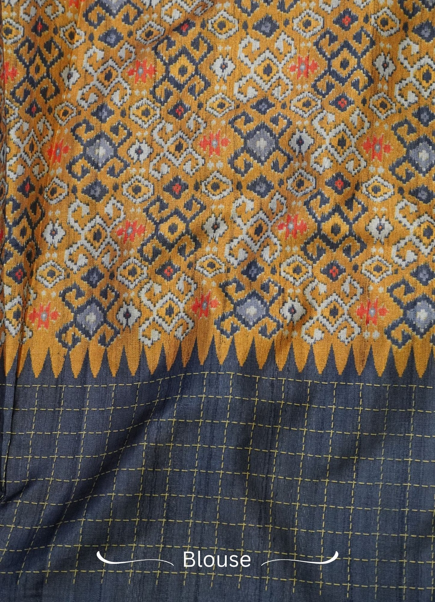Semi Tussar Saree – Mustard & Gray Checks Design