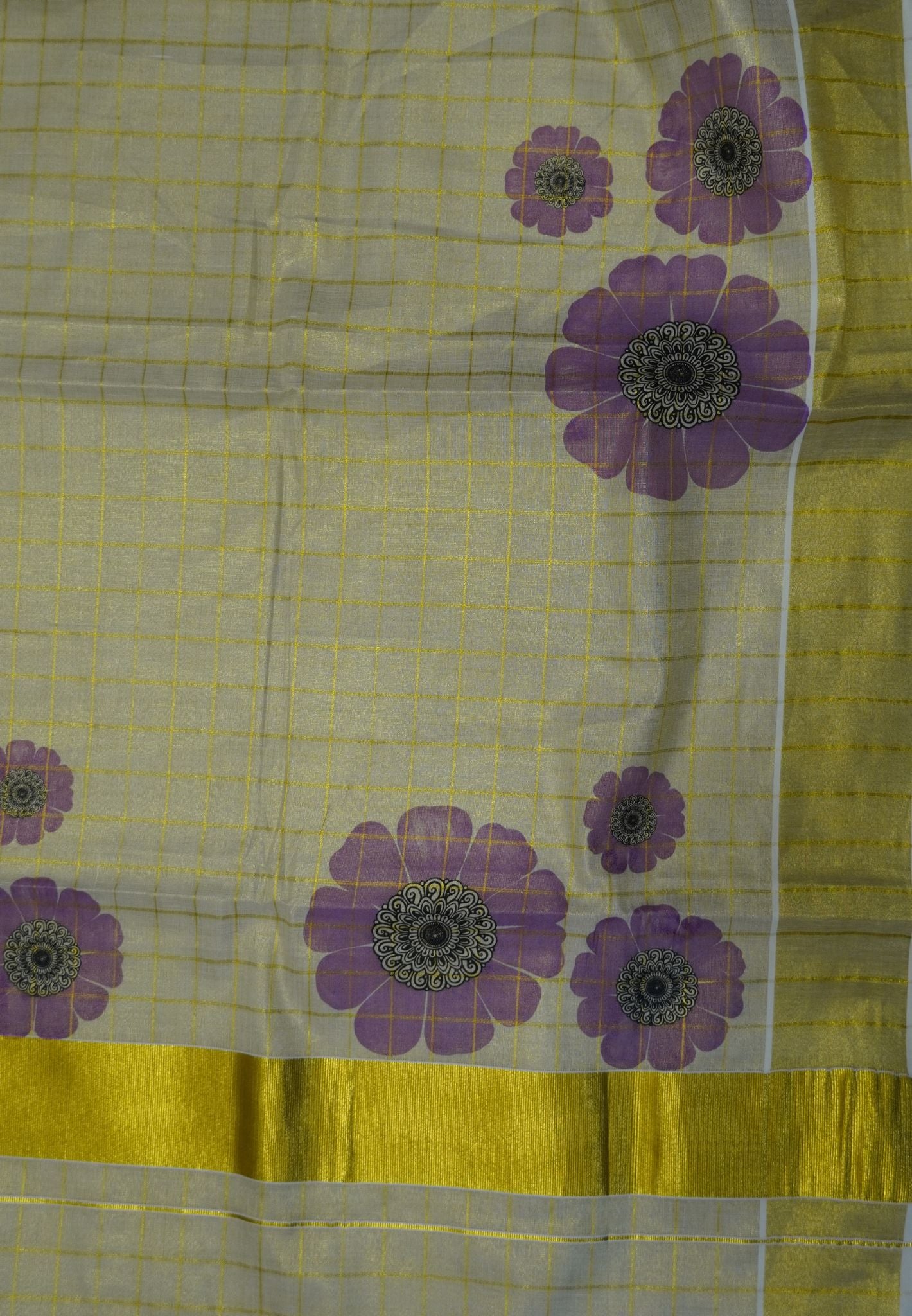 Tissue Saree ā Sandal with Golden Checks and Purple Floral Print