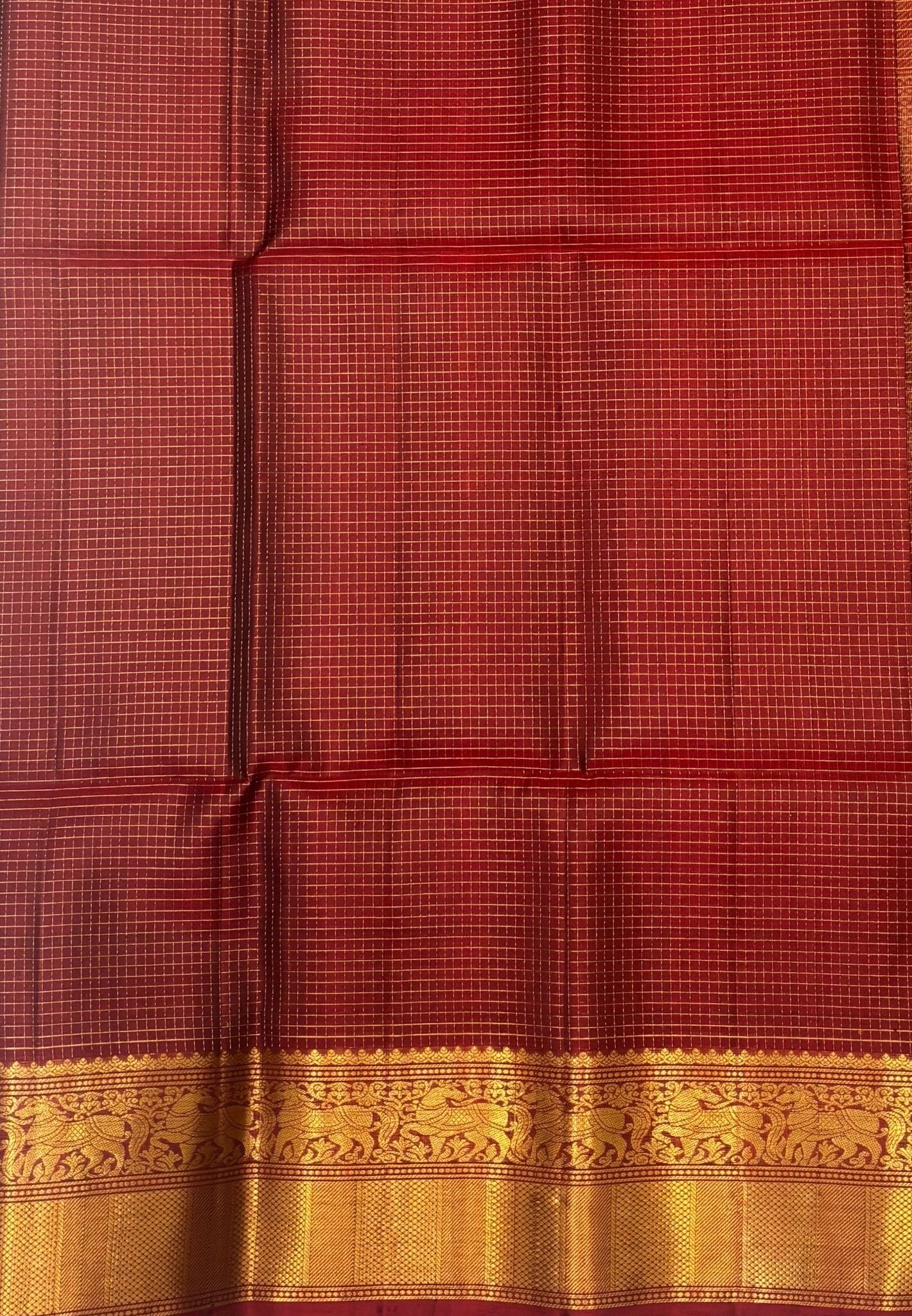 Pure Kanchipuram Silk Saree-Maroon in Zari Checks Border