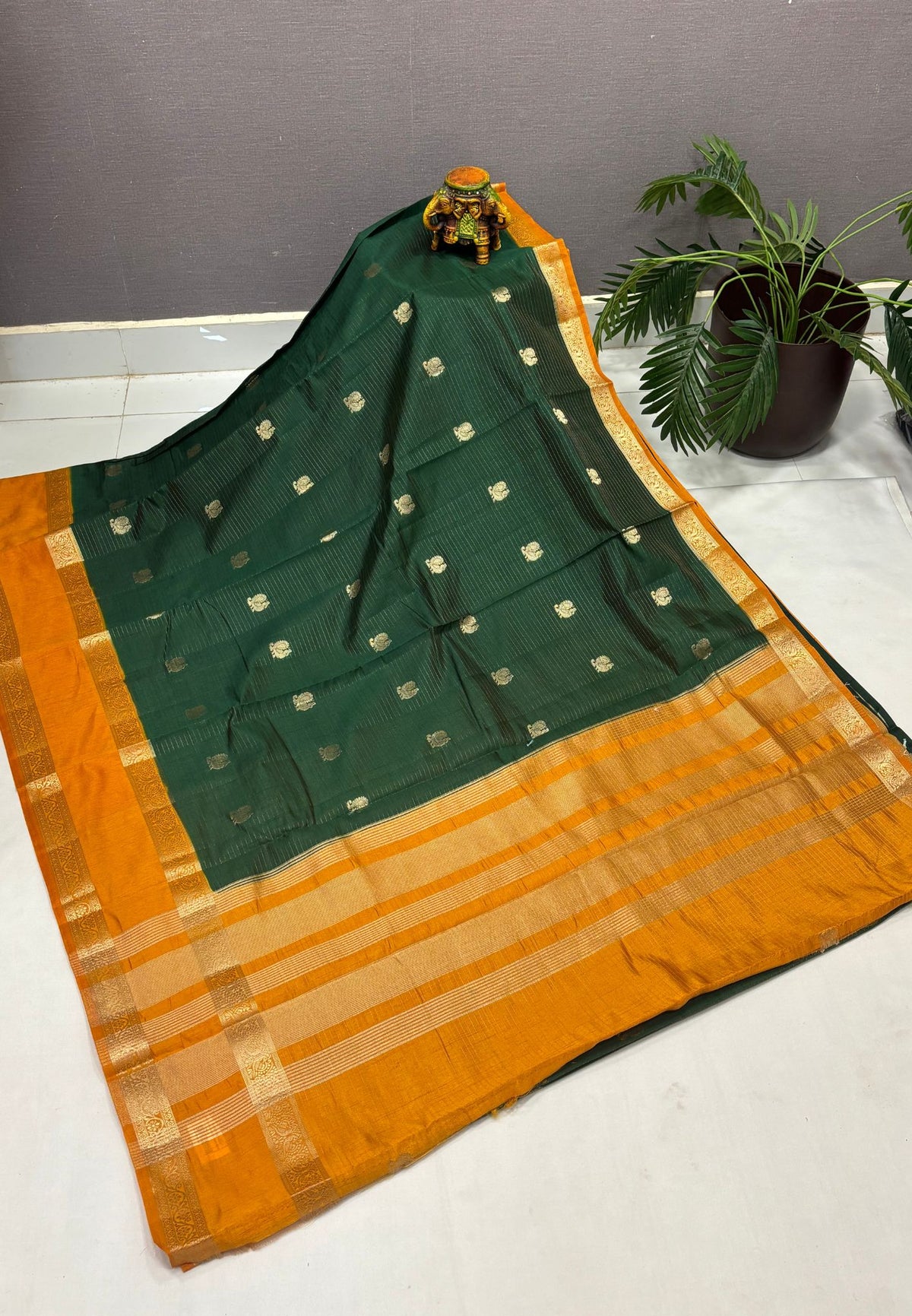 Semi Tussar Saree-Green in Traditional Floral Zari Stripe with Contrast Border
