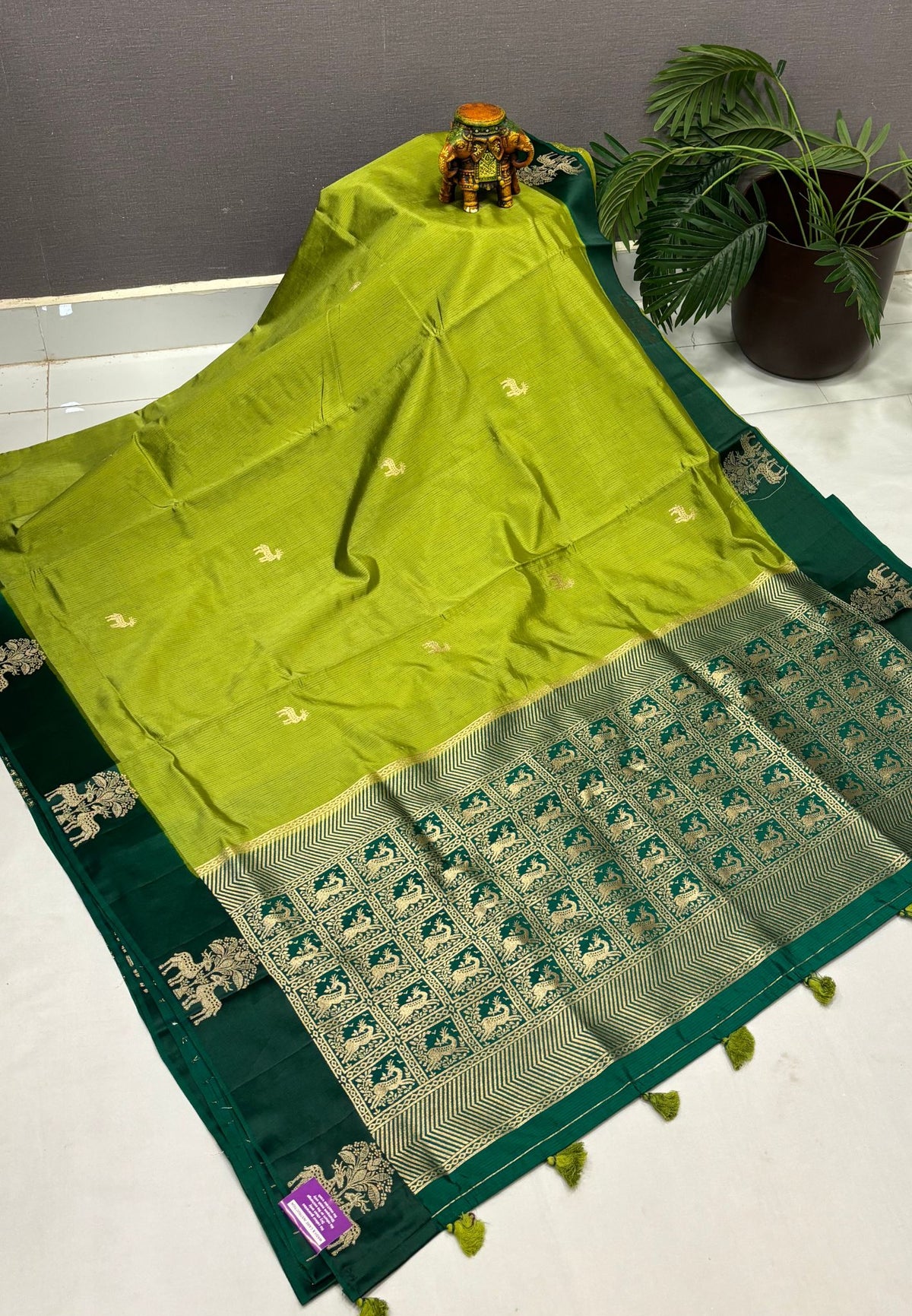 Mulberry Silk Saree-Light Green with Contrast Deer Border