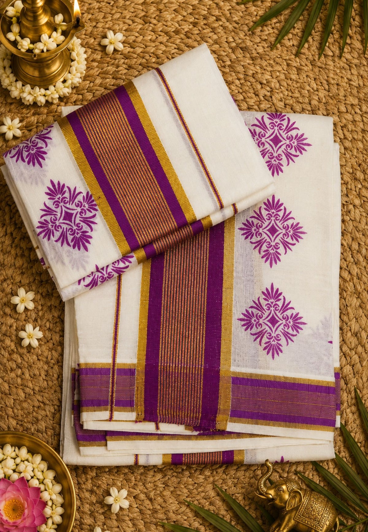 Cotton Set Mund-Off White-Purple with Floral Motifs