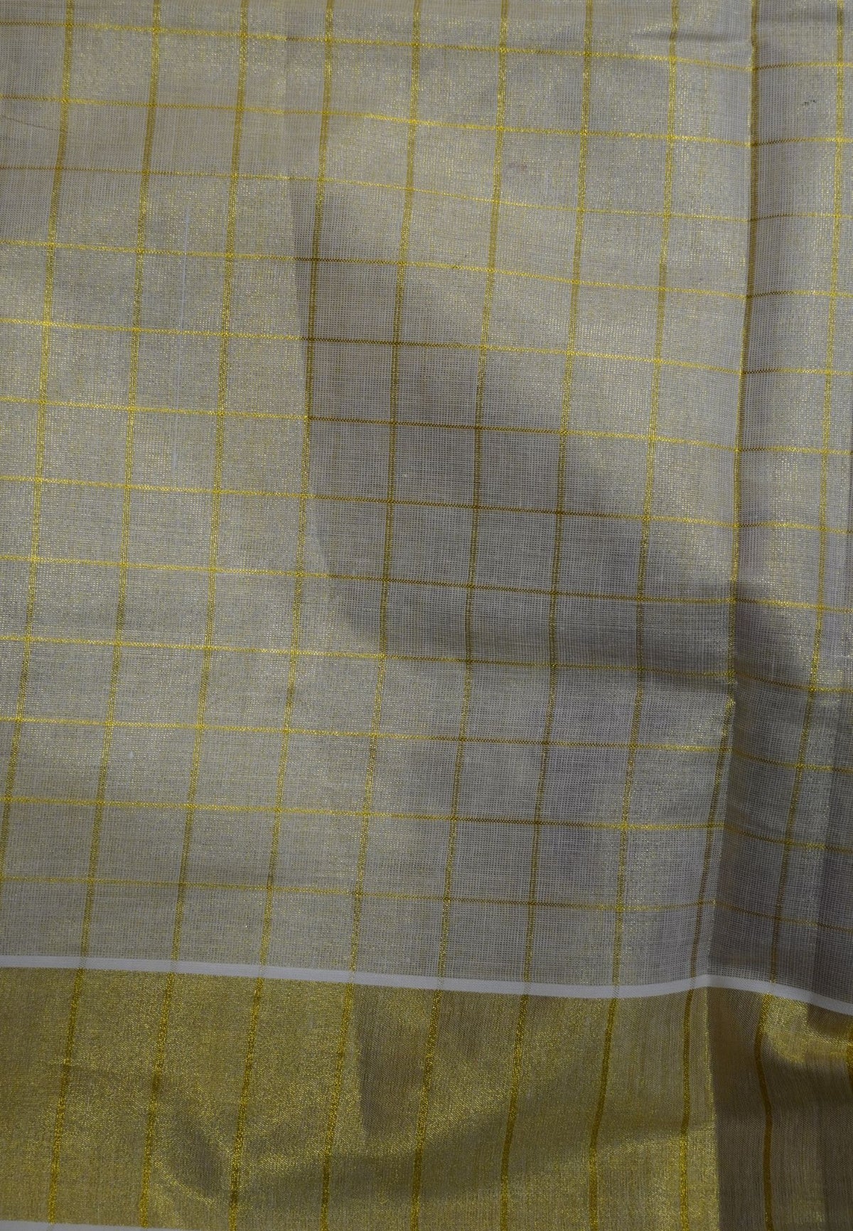 Tissue Saree – Sandal with Golden Checks and Blue Floral Print