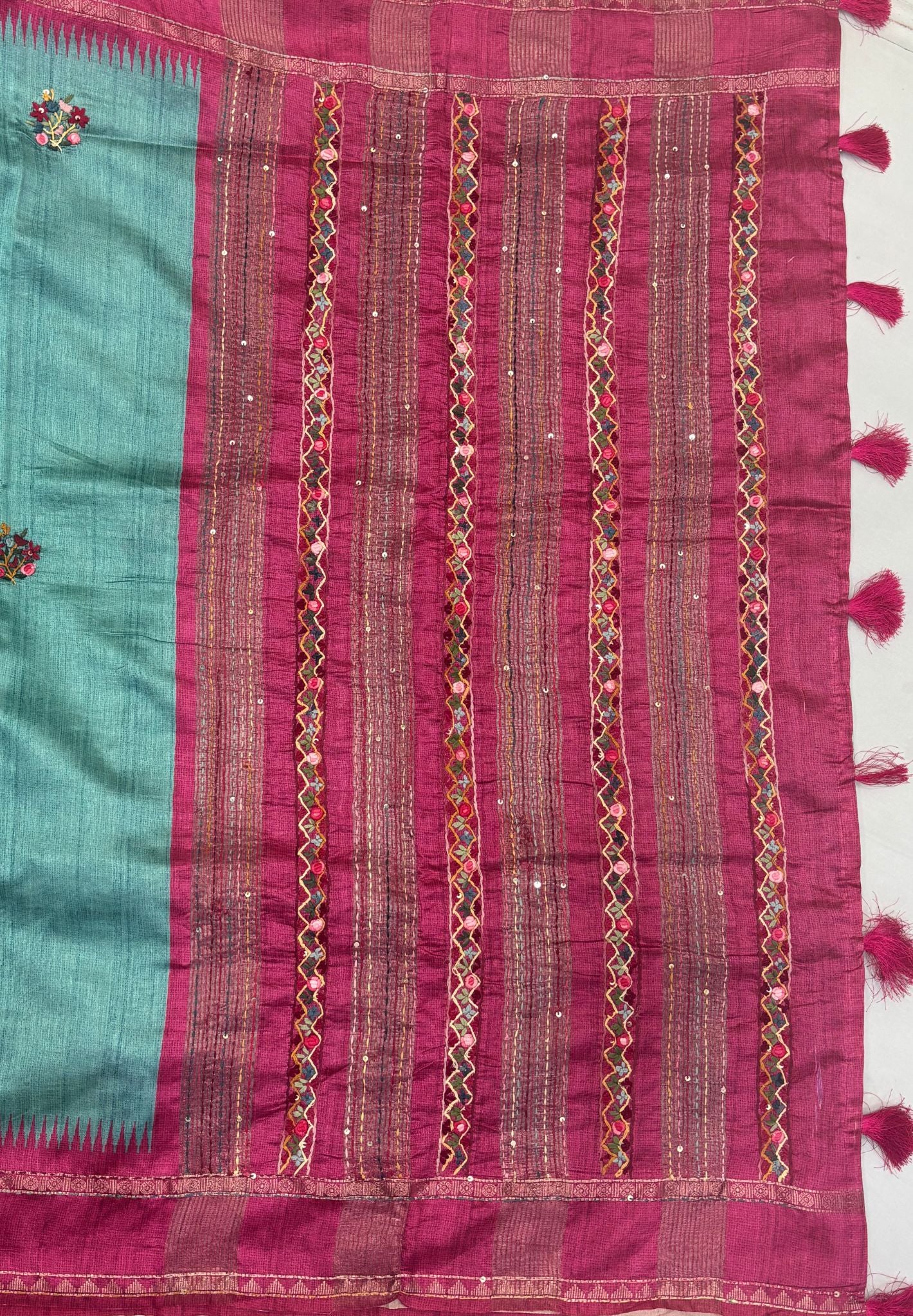 Jute Tussar Saree-Sky Blue with Embriodery Floral Motif