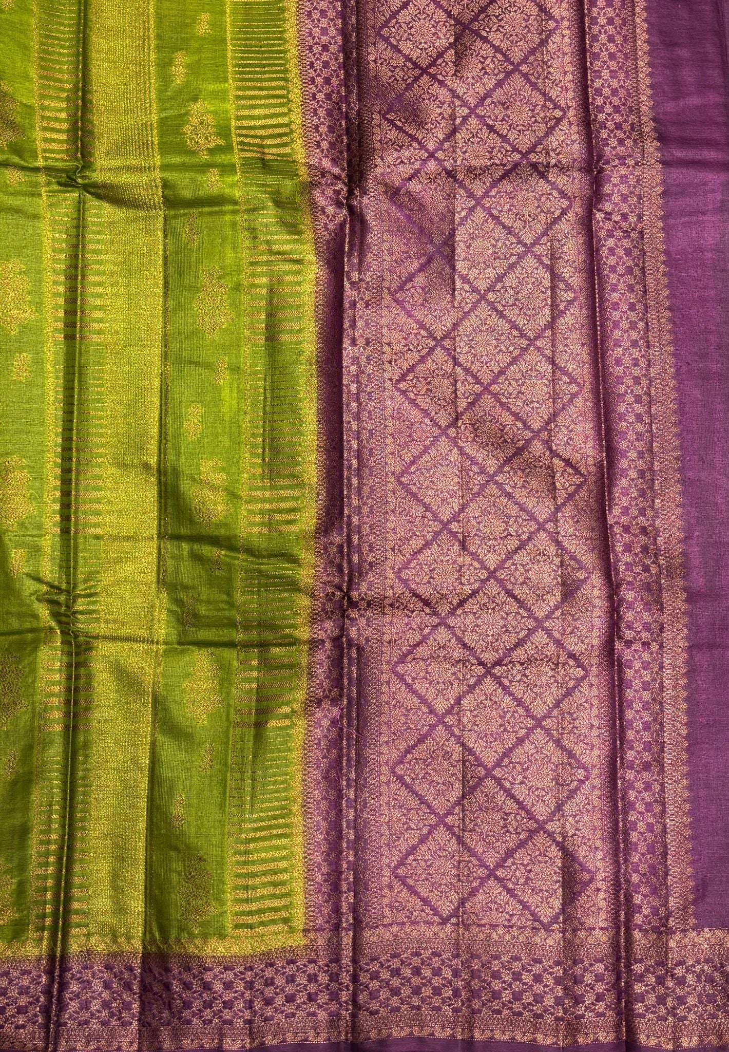 Pure Tussar Saree-Olive Green In Geometric Diamond Zari With Contrast Border