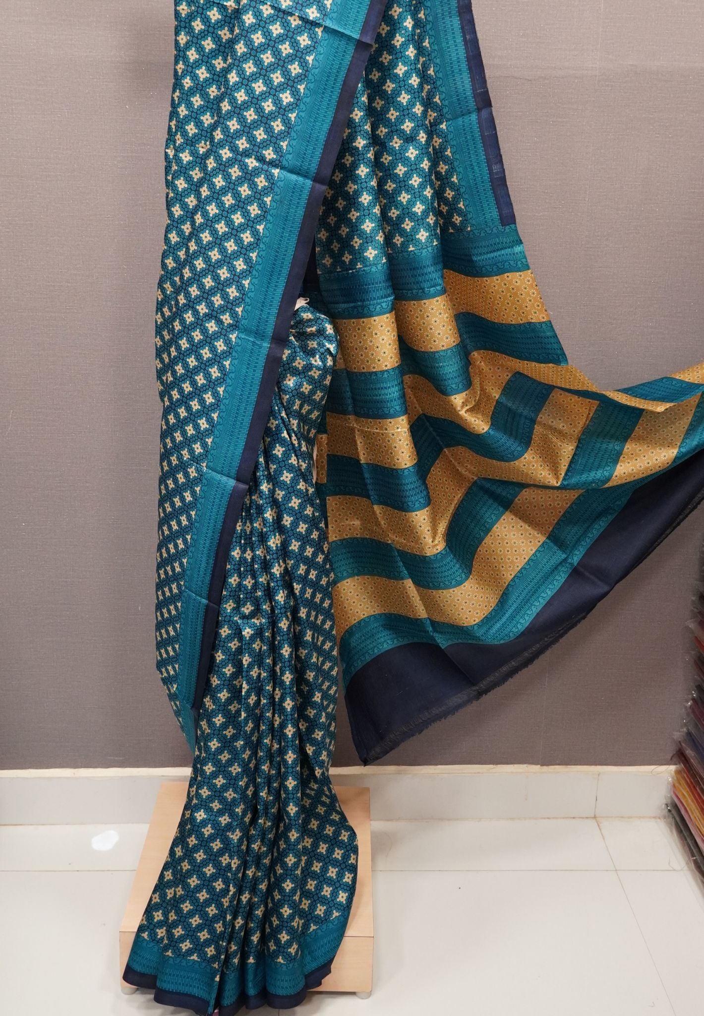Pure Tussar Saree-Dark Peacock Blue in Mini Floral Pattern