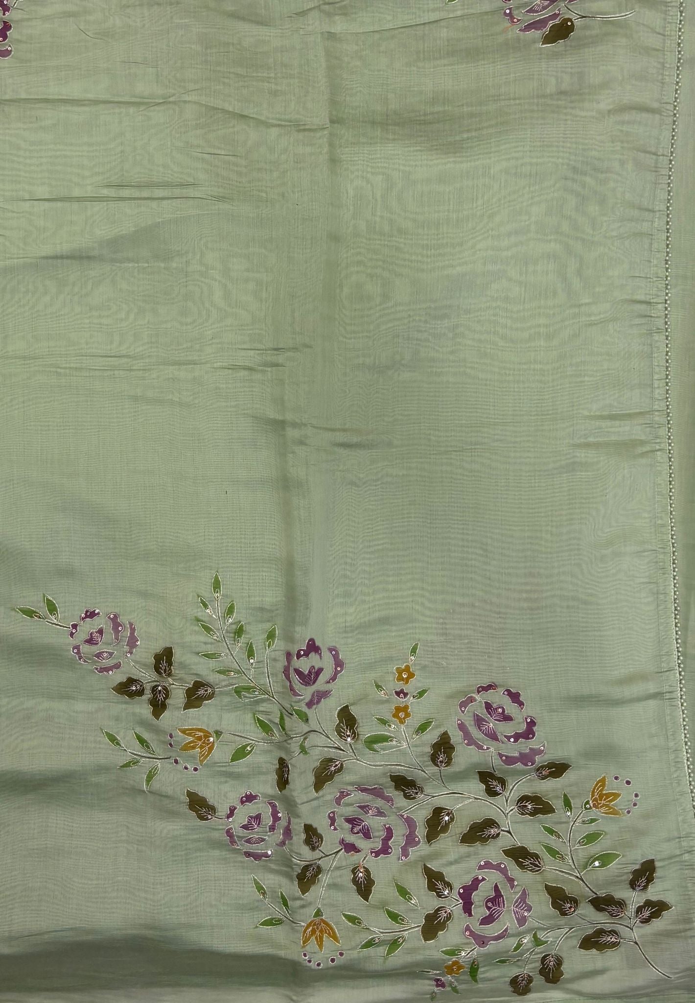 Muslin Saree-Sea Foam Green With Floral Patten
