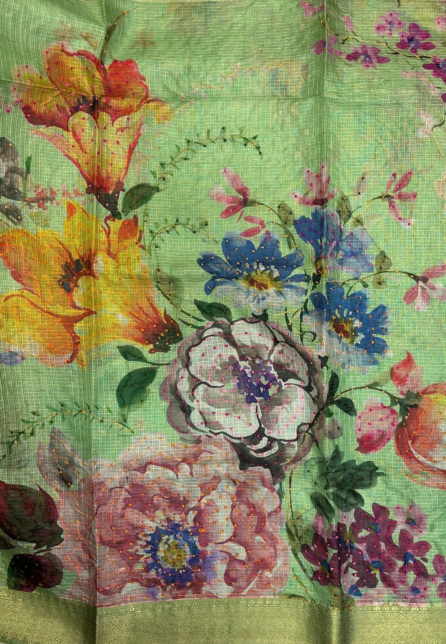 Kota Saree-Baby Pista Green In French Knot Floral Border