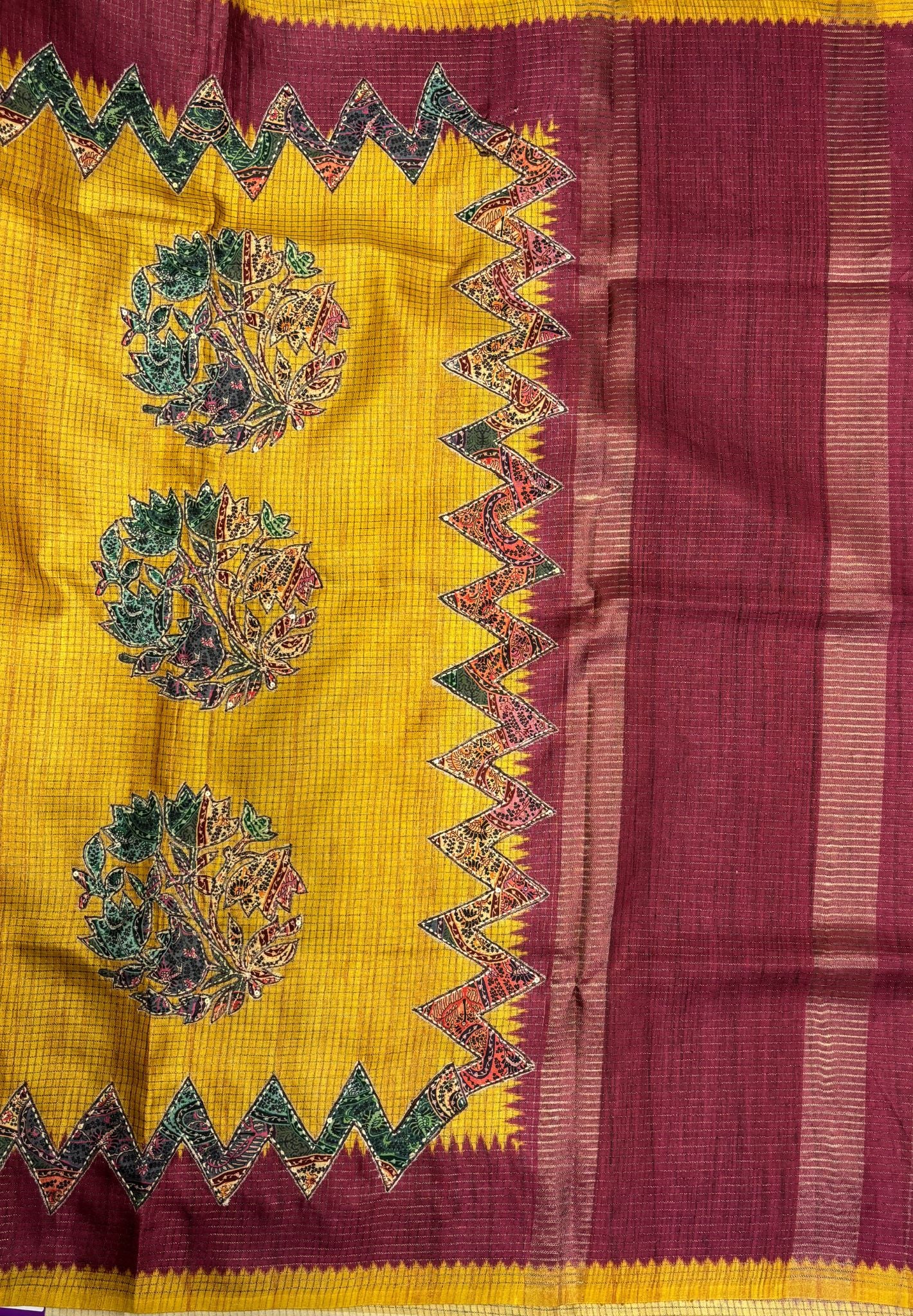 Semi Tussar Saree-Mustard in Zigzag Tribal Pattern Border